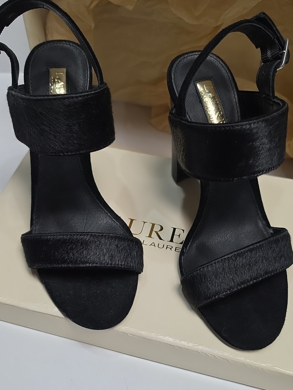 Lauren Ralph LaurenKacia Black Calf-Hair Open-Toe Block Heel Sandal – Size 6B