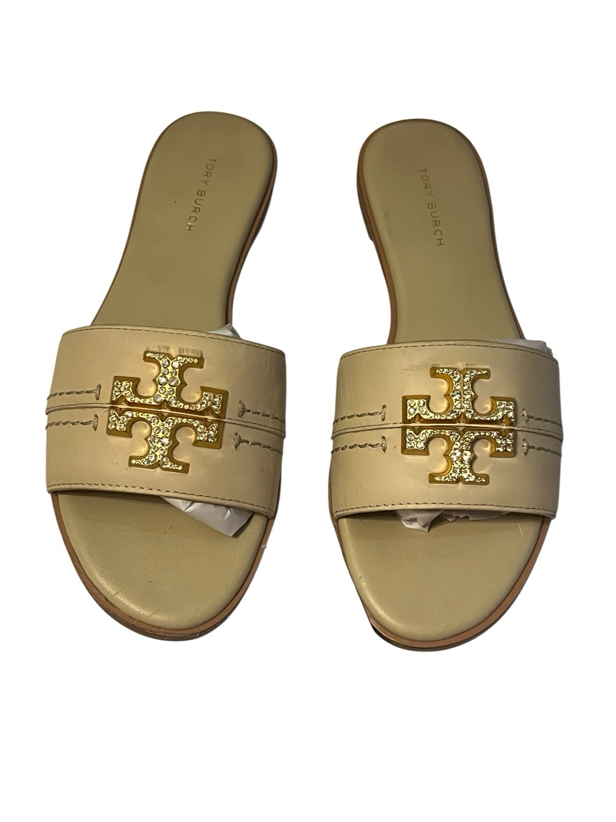 Tory Burch Everly Slide Sandals Calf Leather Crystal Logo Ivory Sz 6