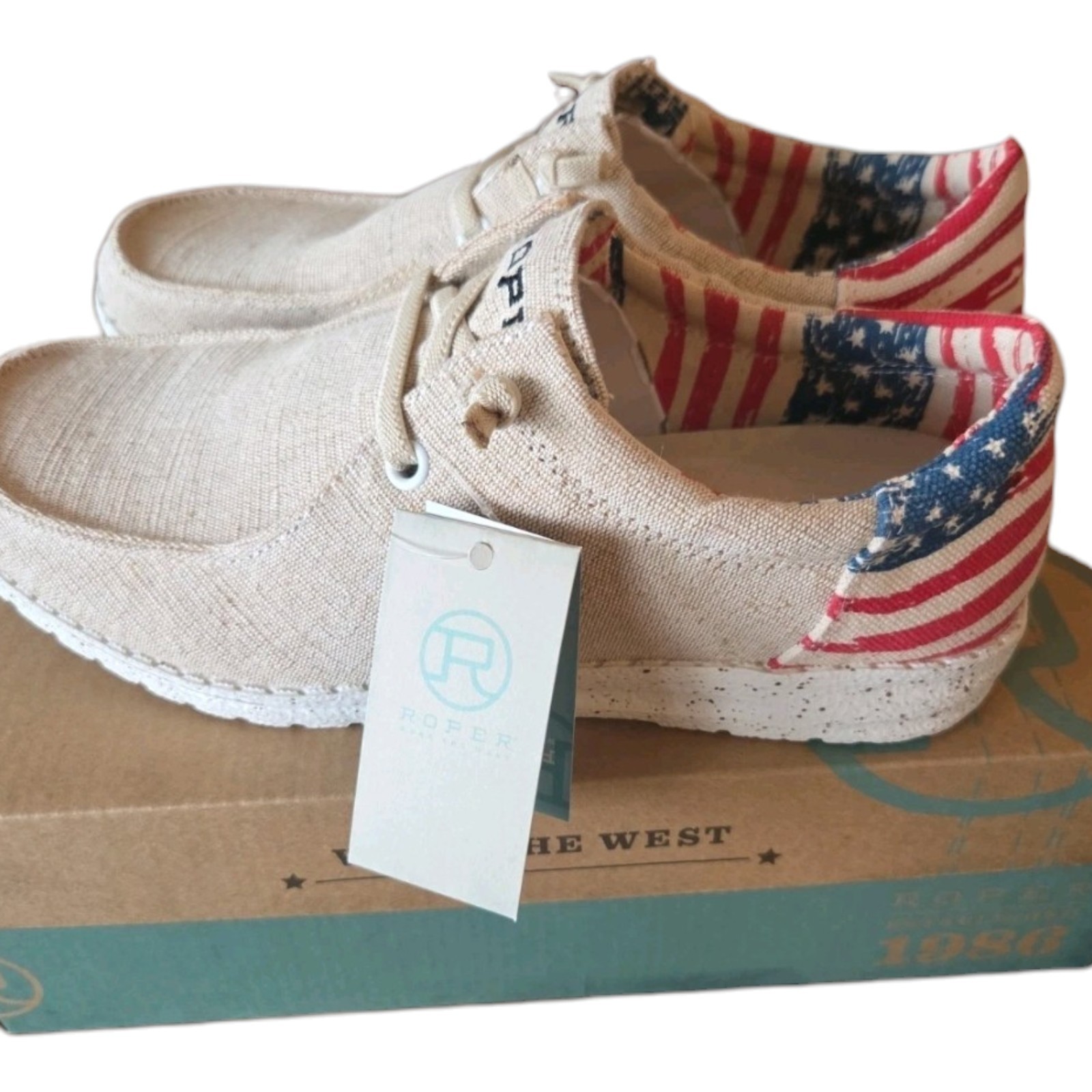 Roper Casual Shoes Womens Hang Loose American Flag Tan Slip On 7.5 NEW!