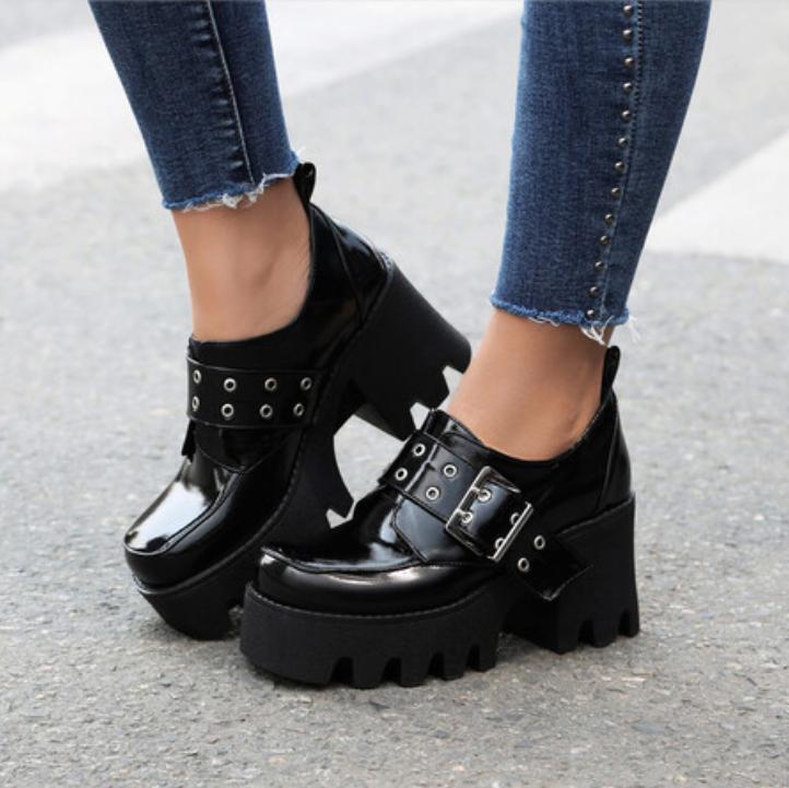 Women’s Leather High Heel Shoes Square Toe Creeper Plus Size Platform Thick Sole