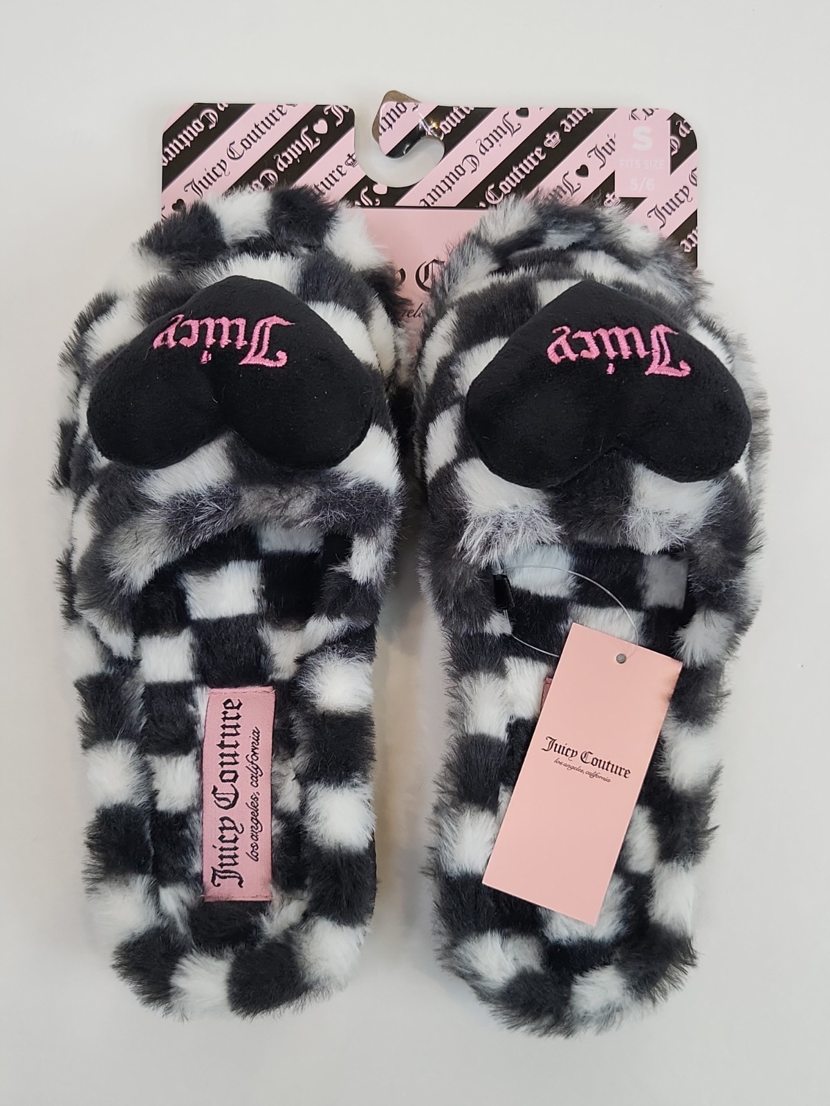 NWT Juicy Couture Khalila White Black Faux Fur Furry Sliders Slippers