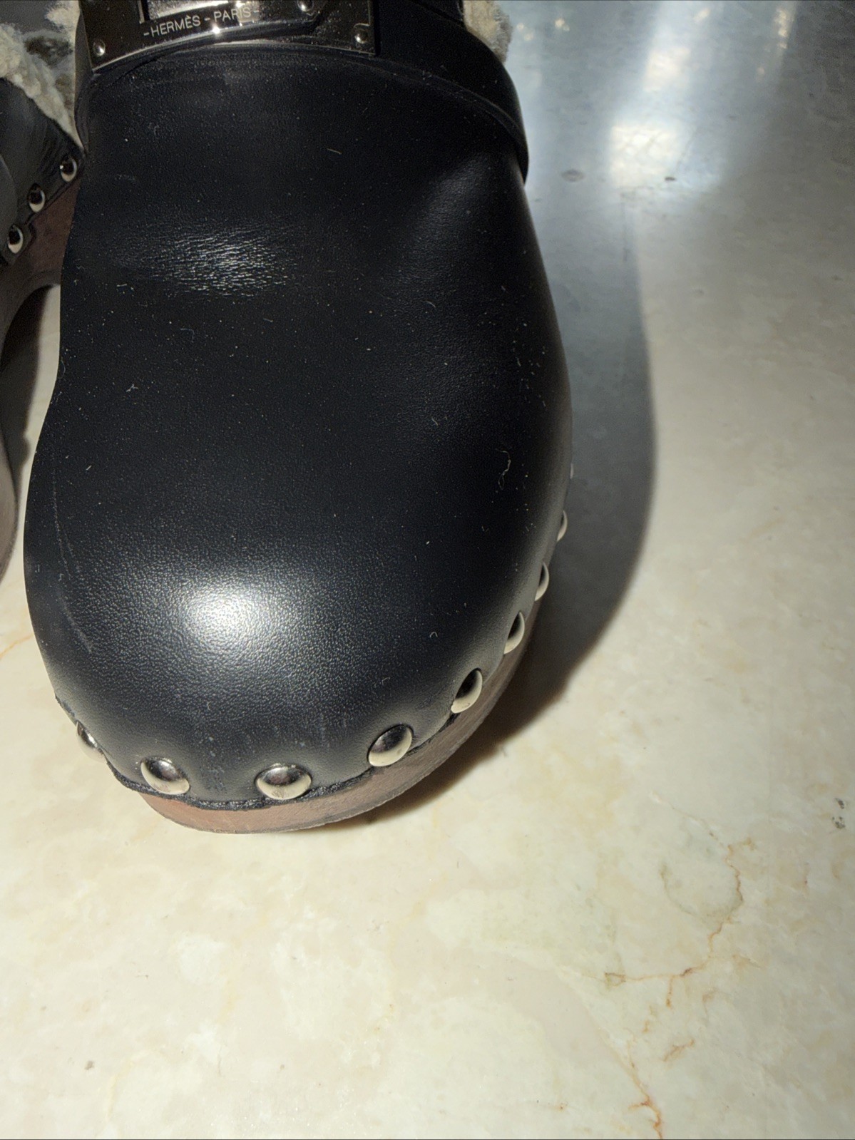 Hermes Carlotta Mule Black Leather Kelly Lock Shearling Fur Clog Slide Women’s 5