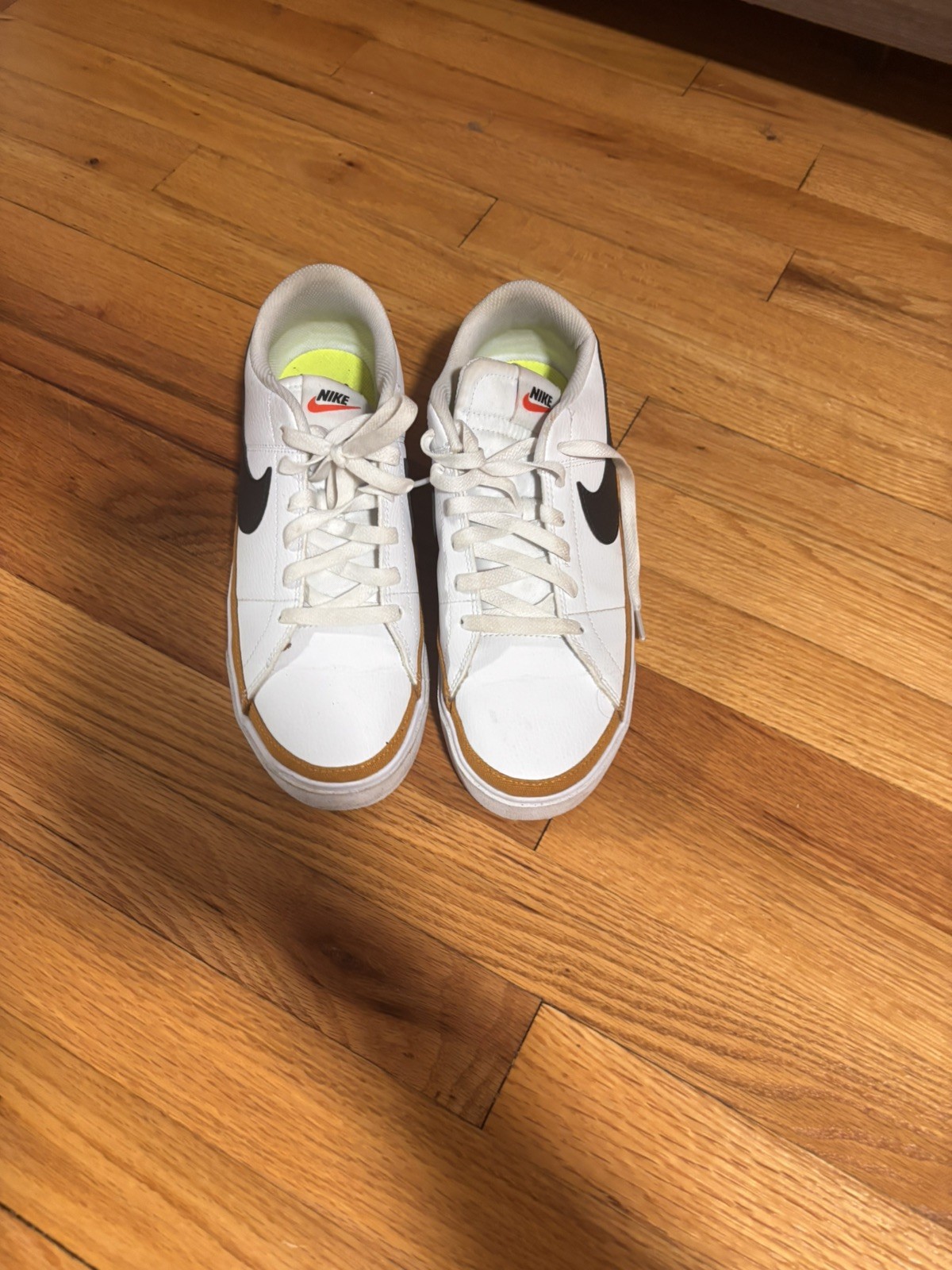 These Are Nike Size 7.5 Color White Gold Sneakers With Neon Insole.