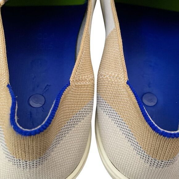 Rothy’s Birch Stripe Slip On Sneaker in tan, blue silver and white. Size 10