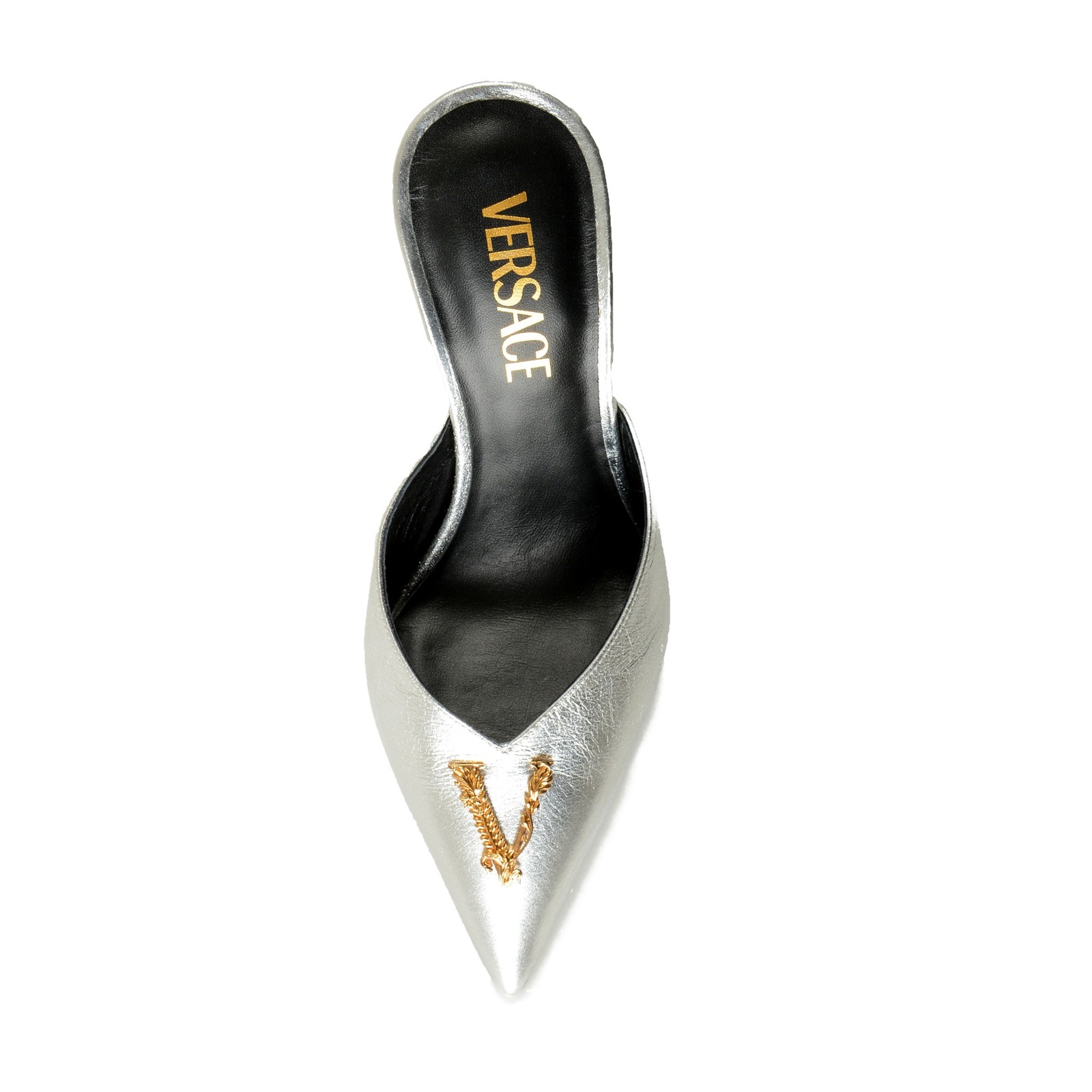 Versace Women’s V Logo 100% Textured Leather Heeled Mules Shoes US 6 IT 36
