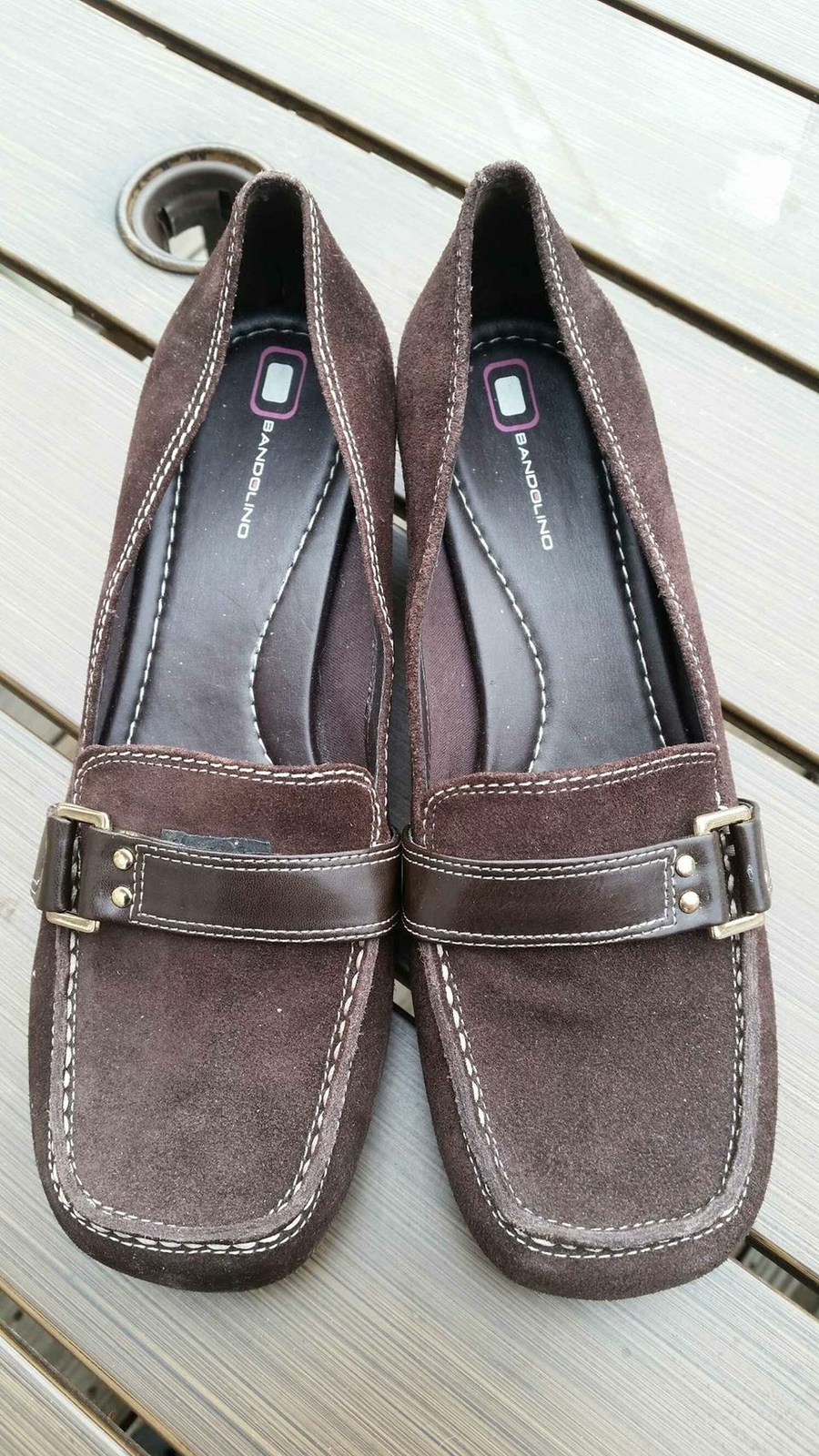 Women’s Brown Suede 1″ Wedge Shoes Size 8M Decorative Buckle Strap Across Top