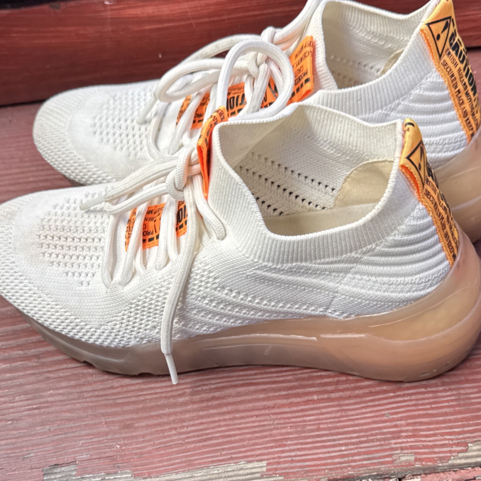Steve Madden White Knit Lace Up Sneakers Orange Accents Low Top Casual