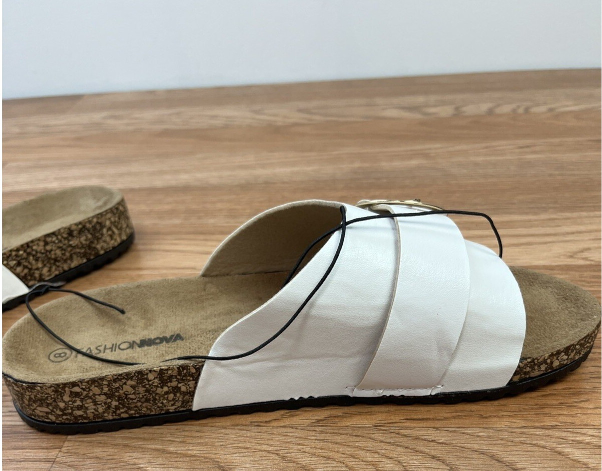 Fashion Nova True Statement Flat Cork Sandals White Slides Size 8 Women’s NEW