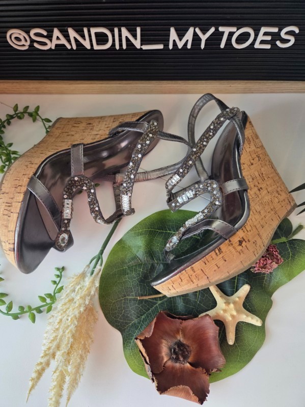 CARLOS by Carlos Santana I The Olympia Wedge Silver Rhinestone Sandals sz 8
