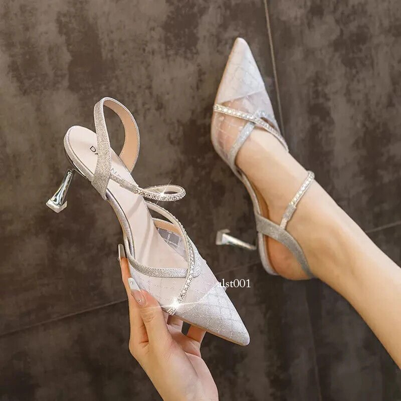 Women Pointed Toe Thin Heel Pumps Party Shoes Bling Crystal High Heels Sandals