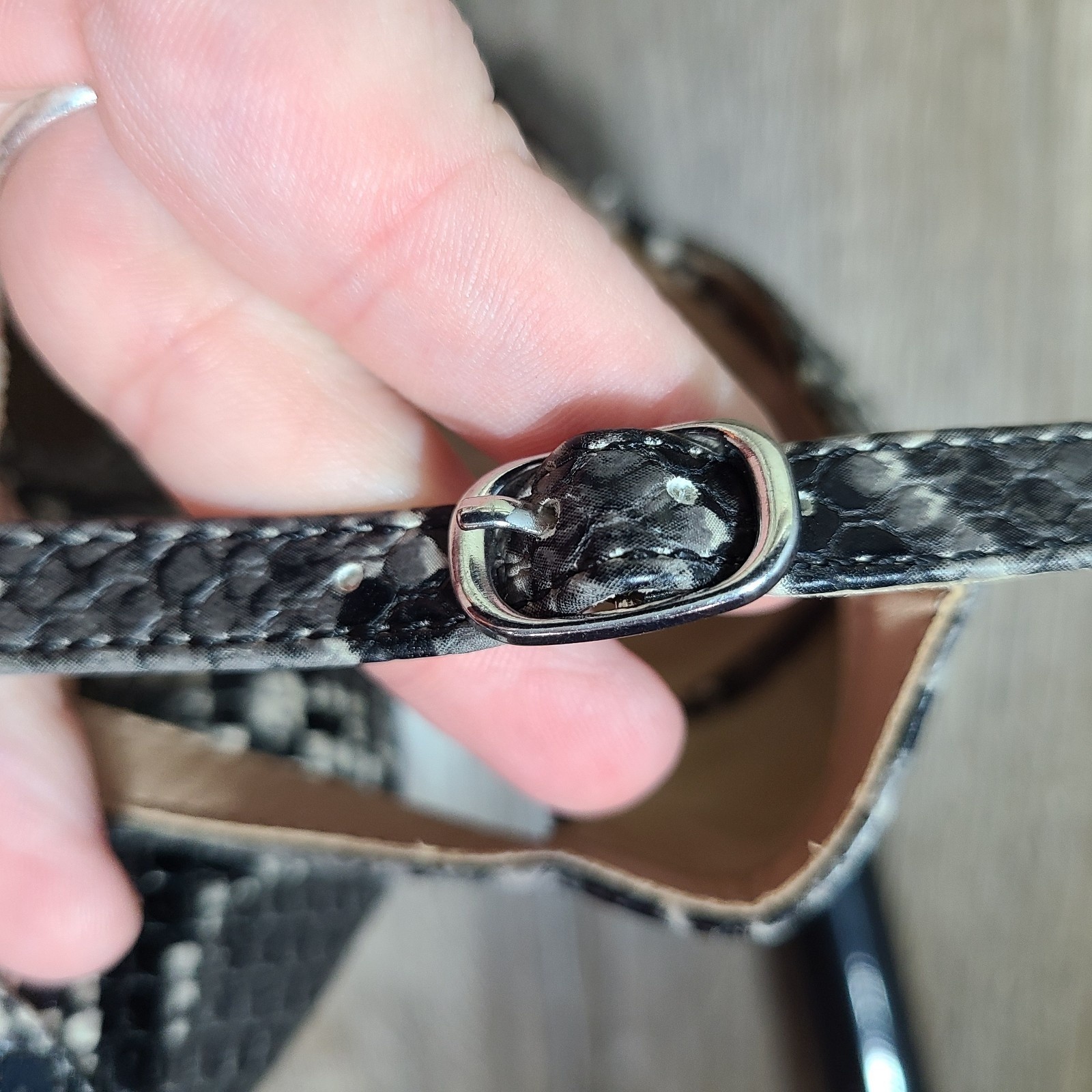 A New Day Faux Snake Skin Black & White Open Toe Ankle Strap Block Heel SIZE 8.5