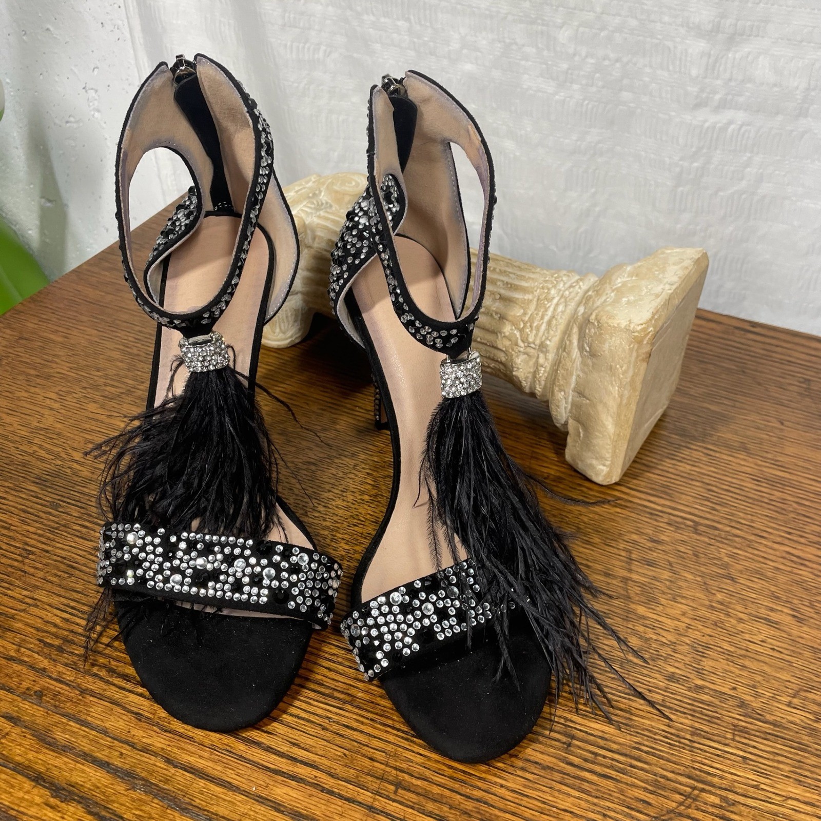 Unbranded Black Rhinestone Stiletto Feather Tassel Ankle Strap Sandals Size 9