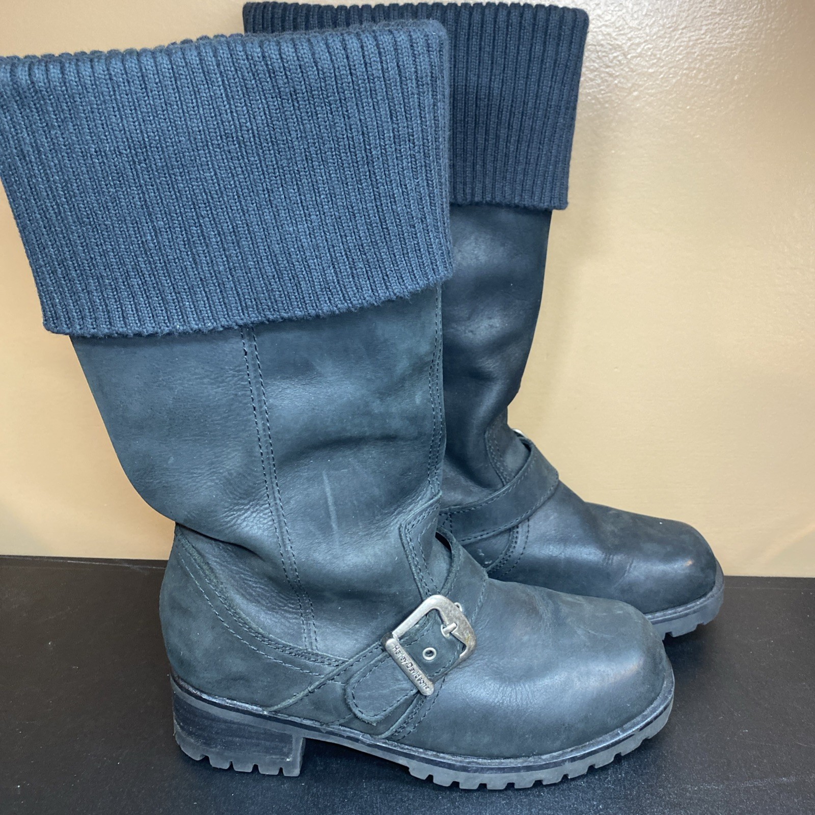 Harley Davidson Women’s Moto Boots Black Leather Biker Knit Cuff Size 6.5, 85434