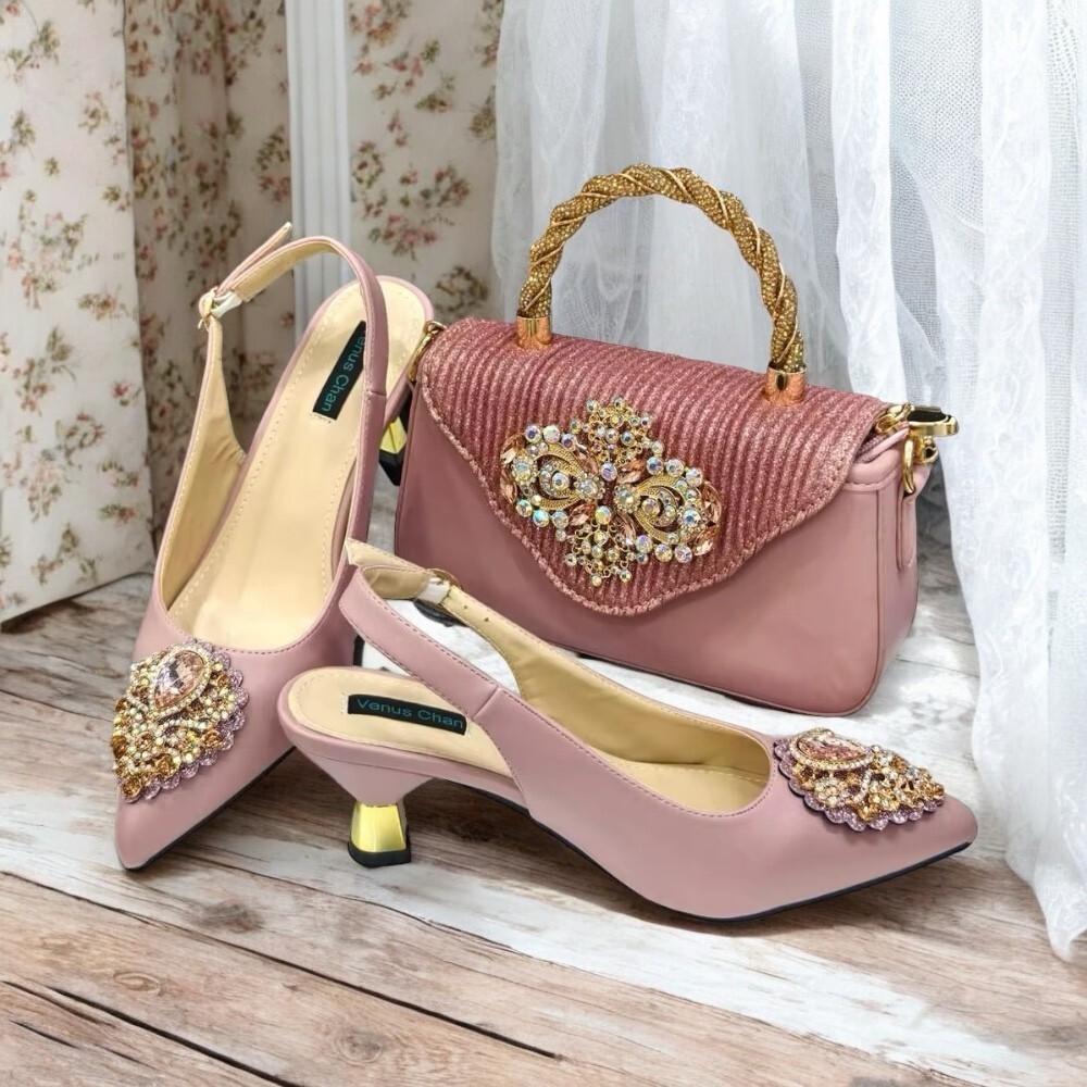 Pink Elegant Party Heels with Crystal Clutch Bag Wedding Shoe Set Rhinestine