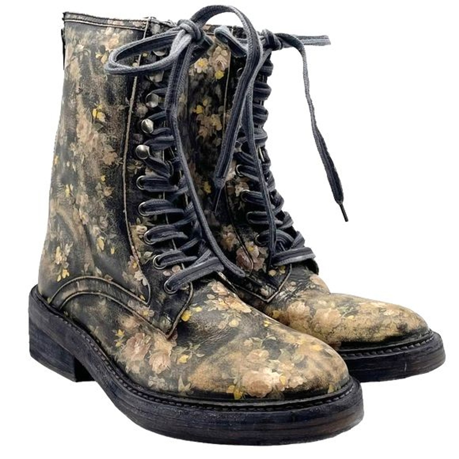 Free People Black Floral Leather Lace-Up Combat Boot Sz 8 Grunge Boho New In Box