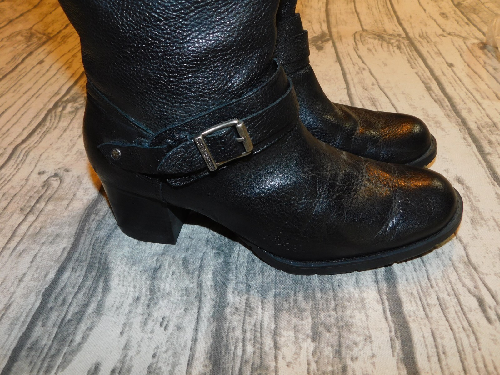 HARLEY DAVIDSON BOOTS SIDE ZIP BLACK LEATHER SERITA 2″ HEELS WOMENS 9.5