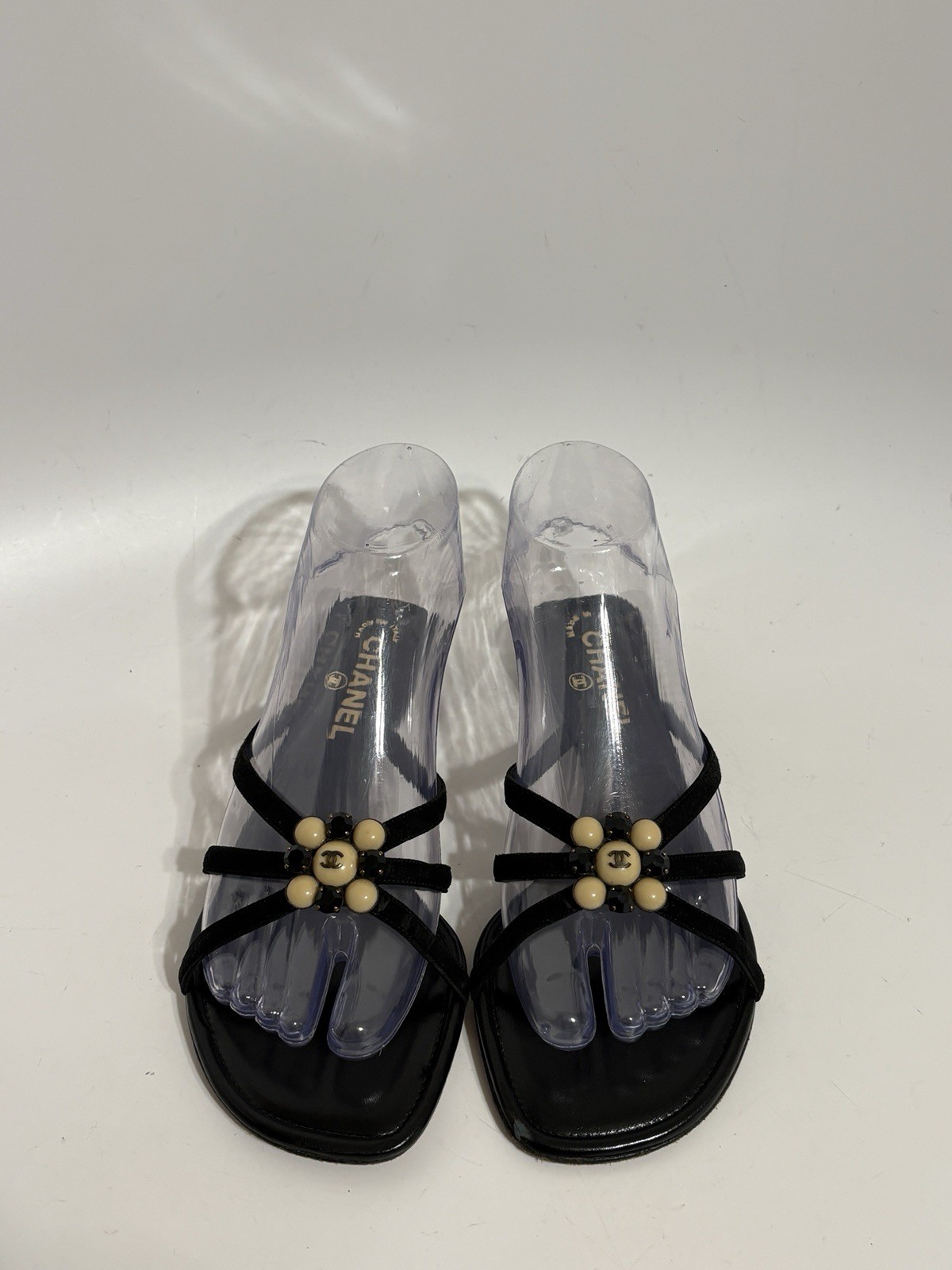 Vtg Chanel Black Leather CC Logo Crystal Embellished Sandals 36