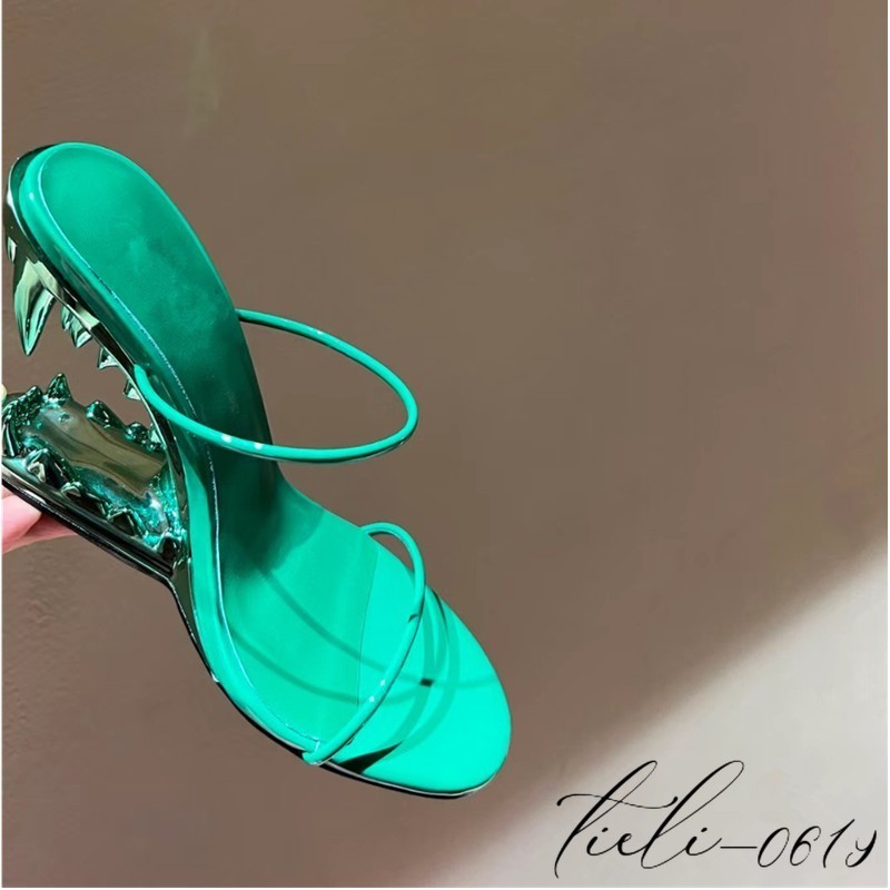 Women Metal High Teeth Heels Mules Sandals Oversize Slippers Fashion Show Runway