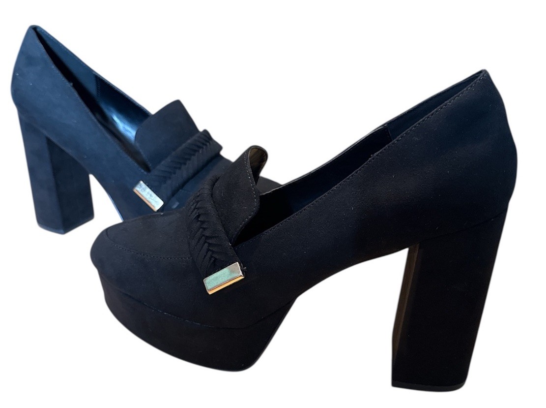 Just Fab Adele Braided Loafer Platform Court Shoes 4” Heel Faux Suede 9.5 Black