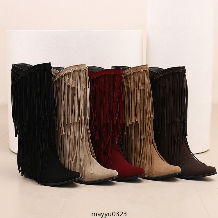 Womens Tassel Fringe Mid Calf Boots Mid Block Heel Western Cowgirl Shoes Hot