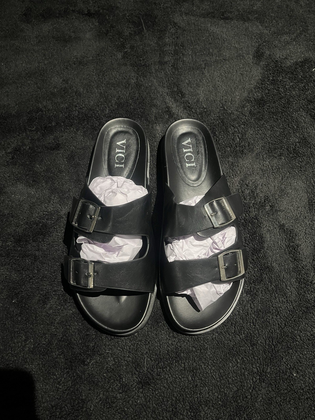 Vici Collection Madison Faux Leather Buckle Sandal in black, size 8.5