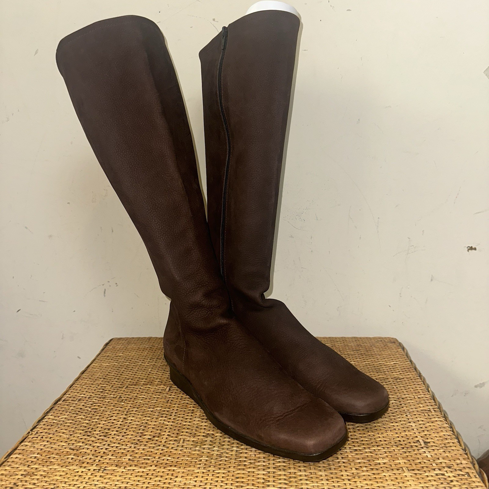 arche France Women’s 7 Wedge Heel Mid Calf High Boot Brown Leather Equestrian
