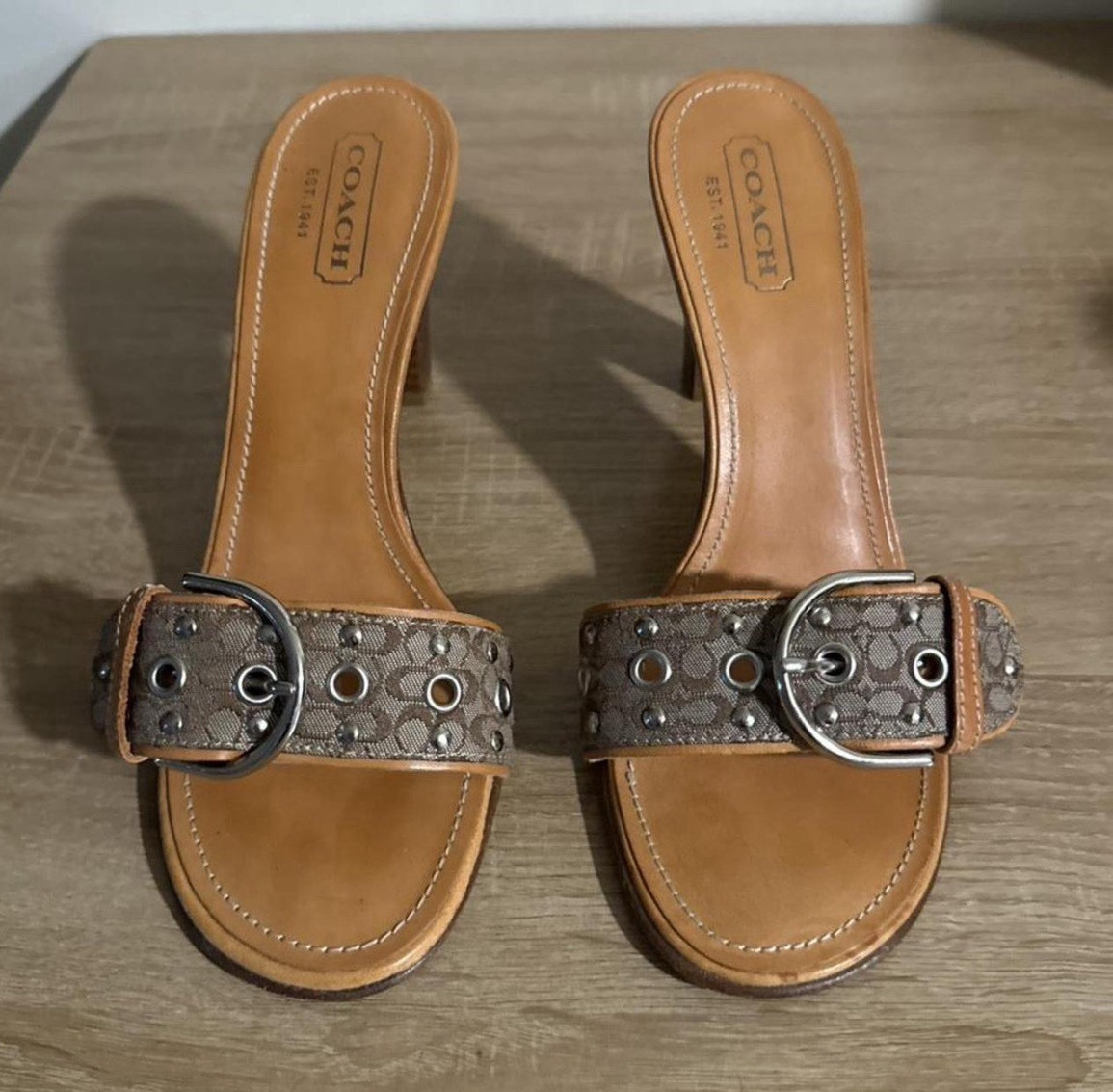 Coach Women’s Logo Leather Heel Buckle Strap Brown Beige US 8