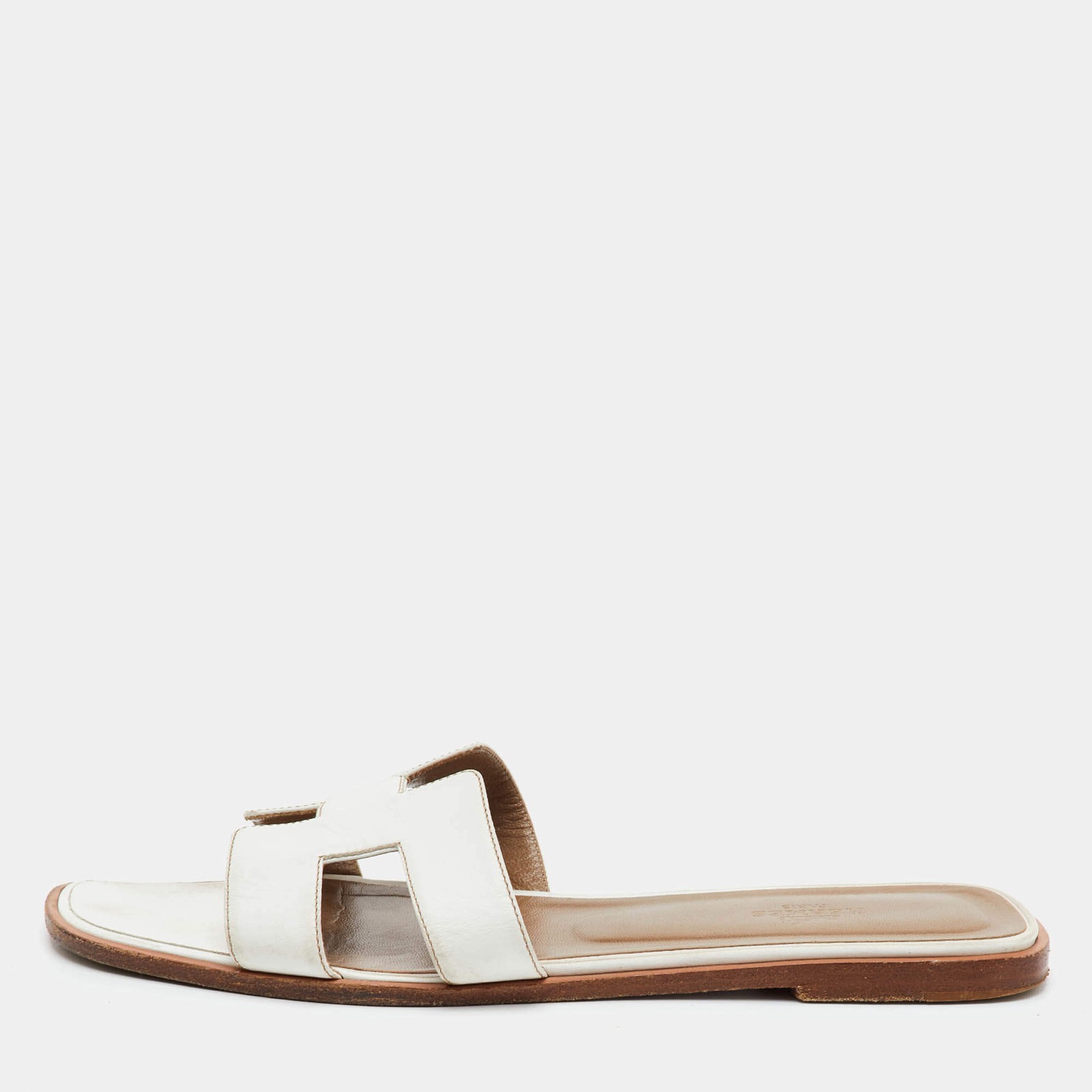 Hermes Oran Size 40.5 White Leather Flat Slide Sandals