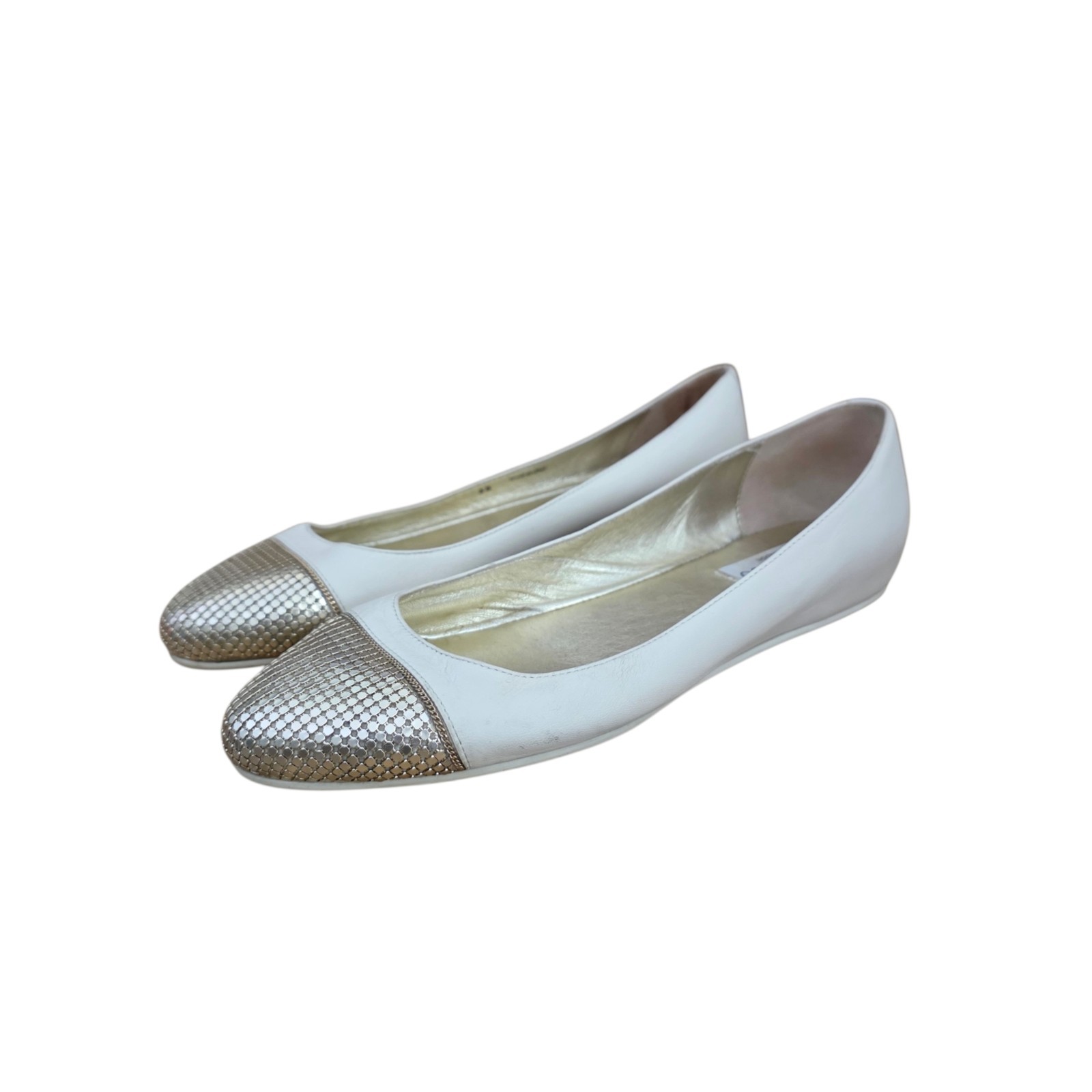 Jimmy Choo Waine White Leather Flats Gold Chain Mesh Toe Cap 38 8 JN