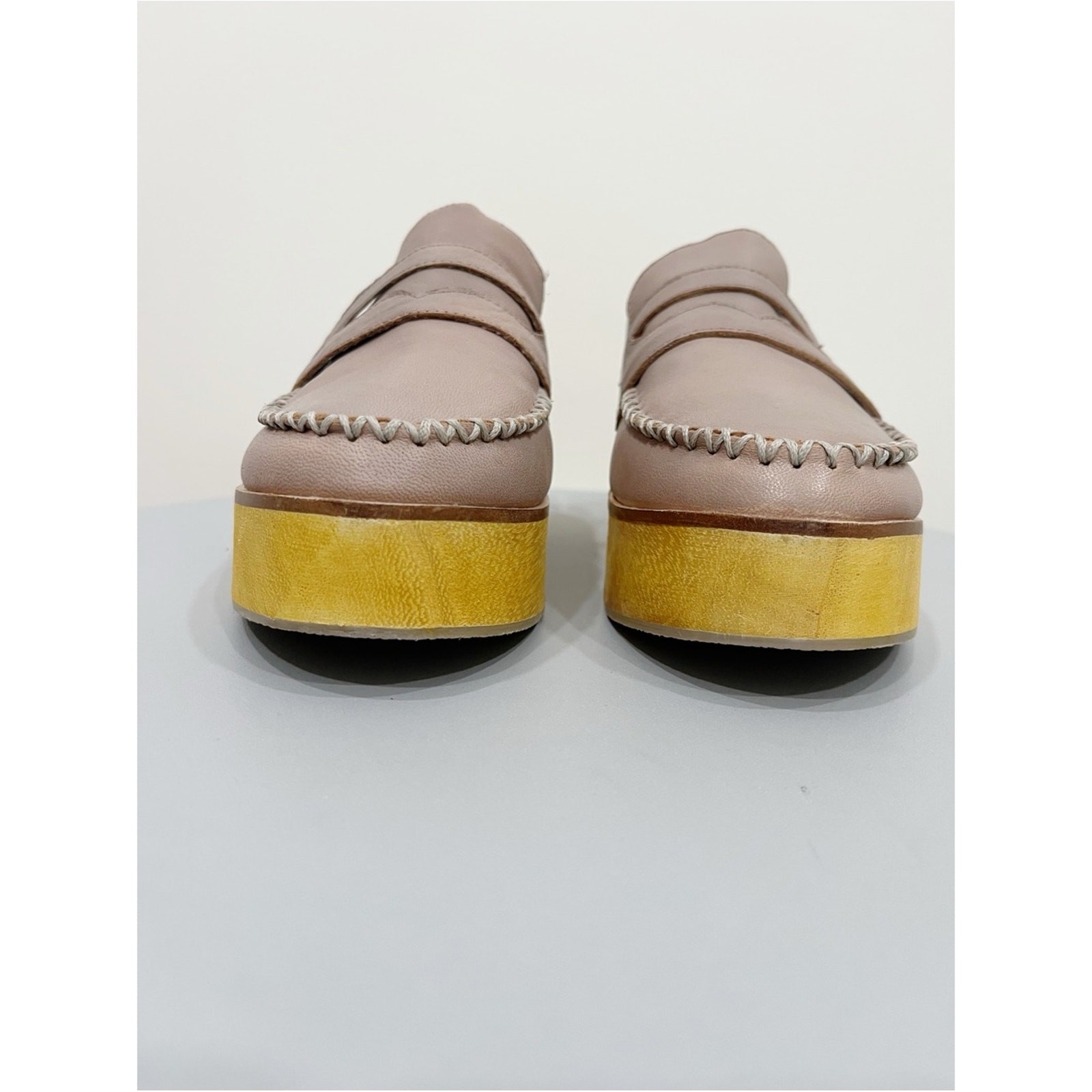 Kelsi Dagger Brooklyn Leather Platform Mule Clogs Taupe Pink Wooden Wedge 7.5