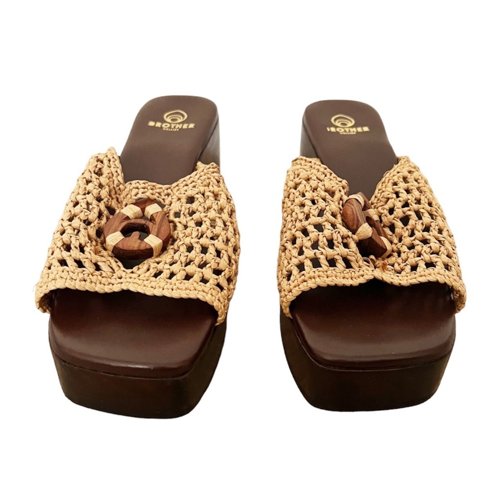 Brother Vellies Aquarius Clogs Raffia & Wood Brown Sandals Size 8