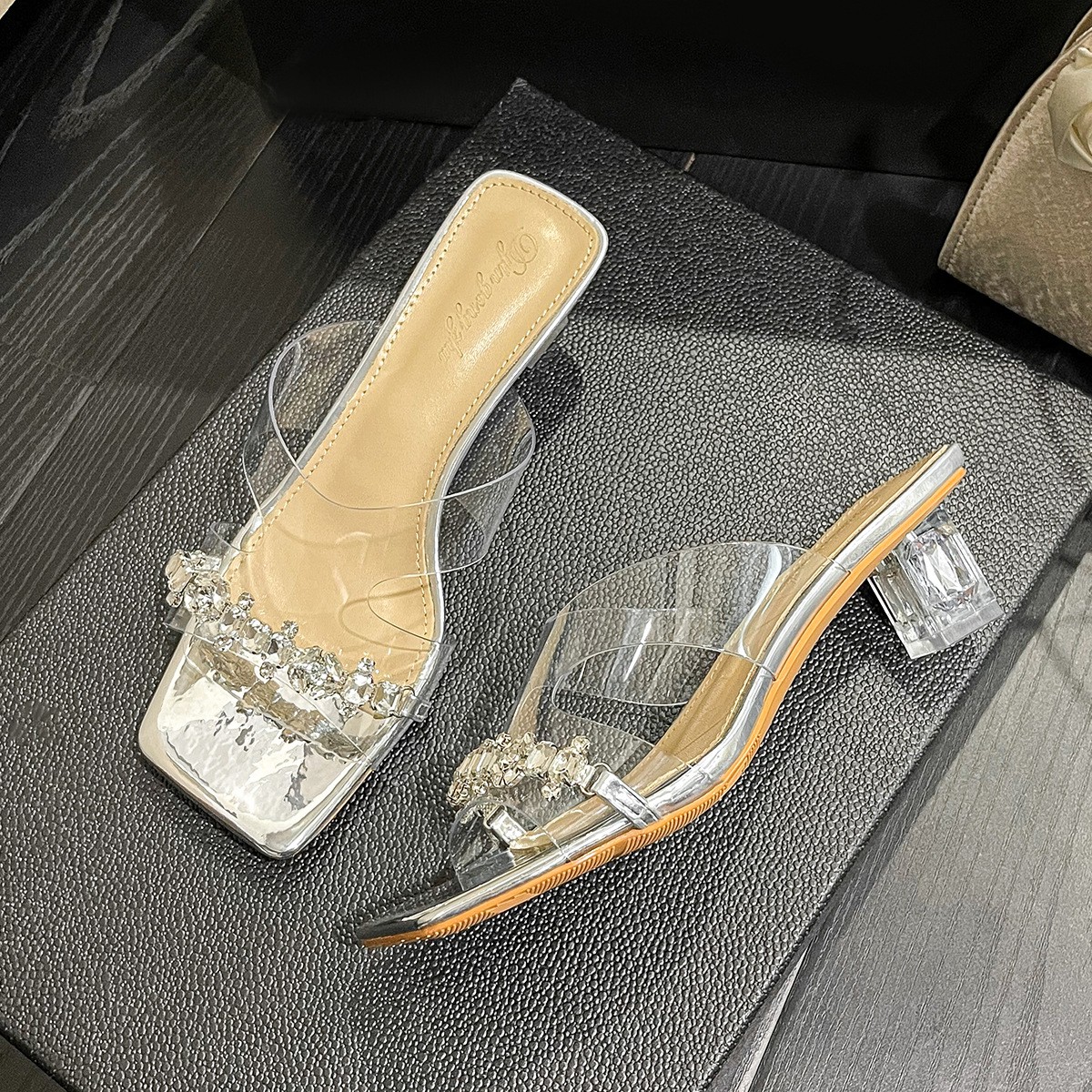 Rhinestone Platform Women Sandals Crystal High Block Heel Slide Shoes Slippers