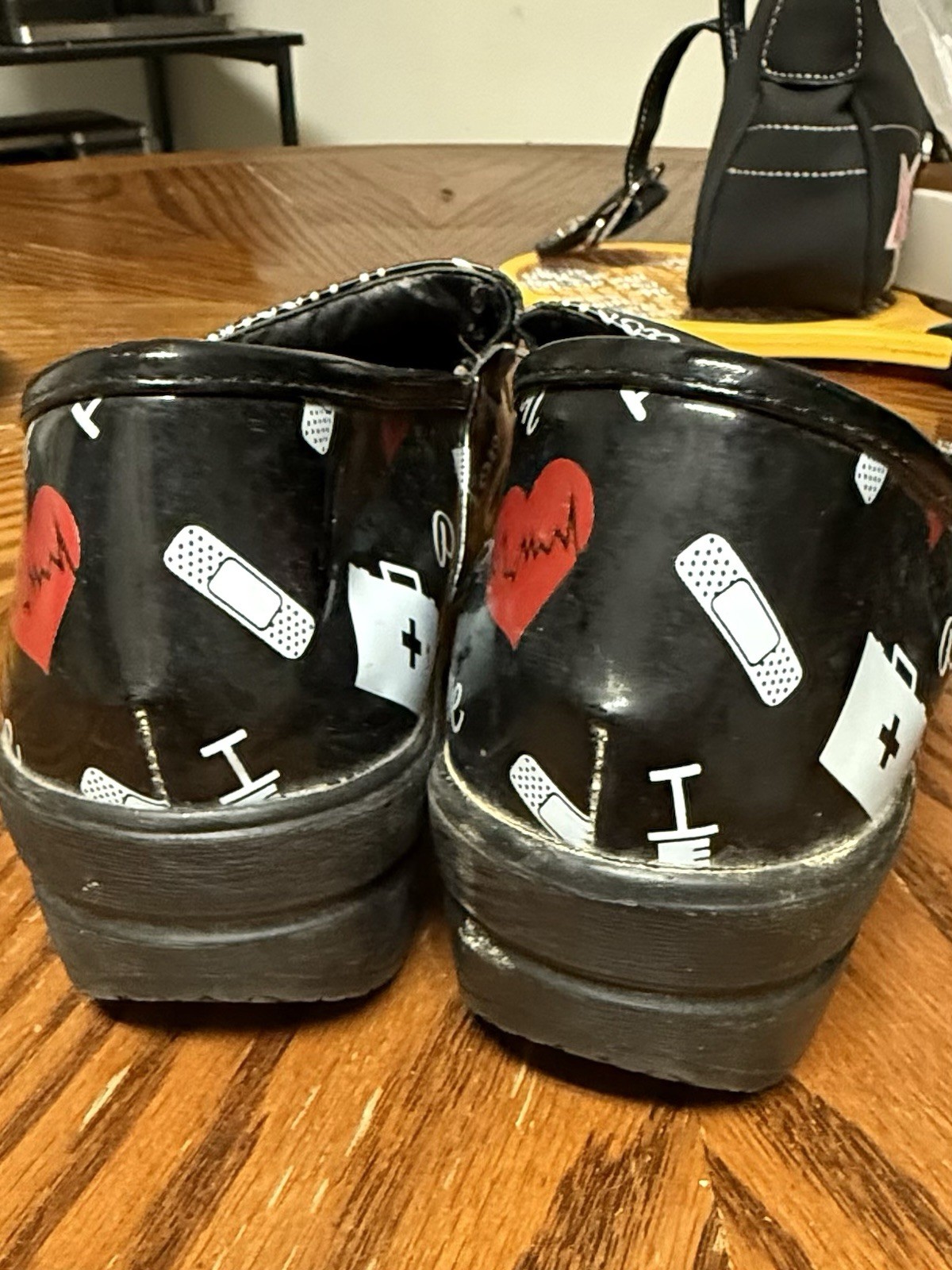 Women’s Black Slip-On Flats Round Toe Medical Graphic Print White Red