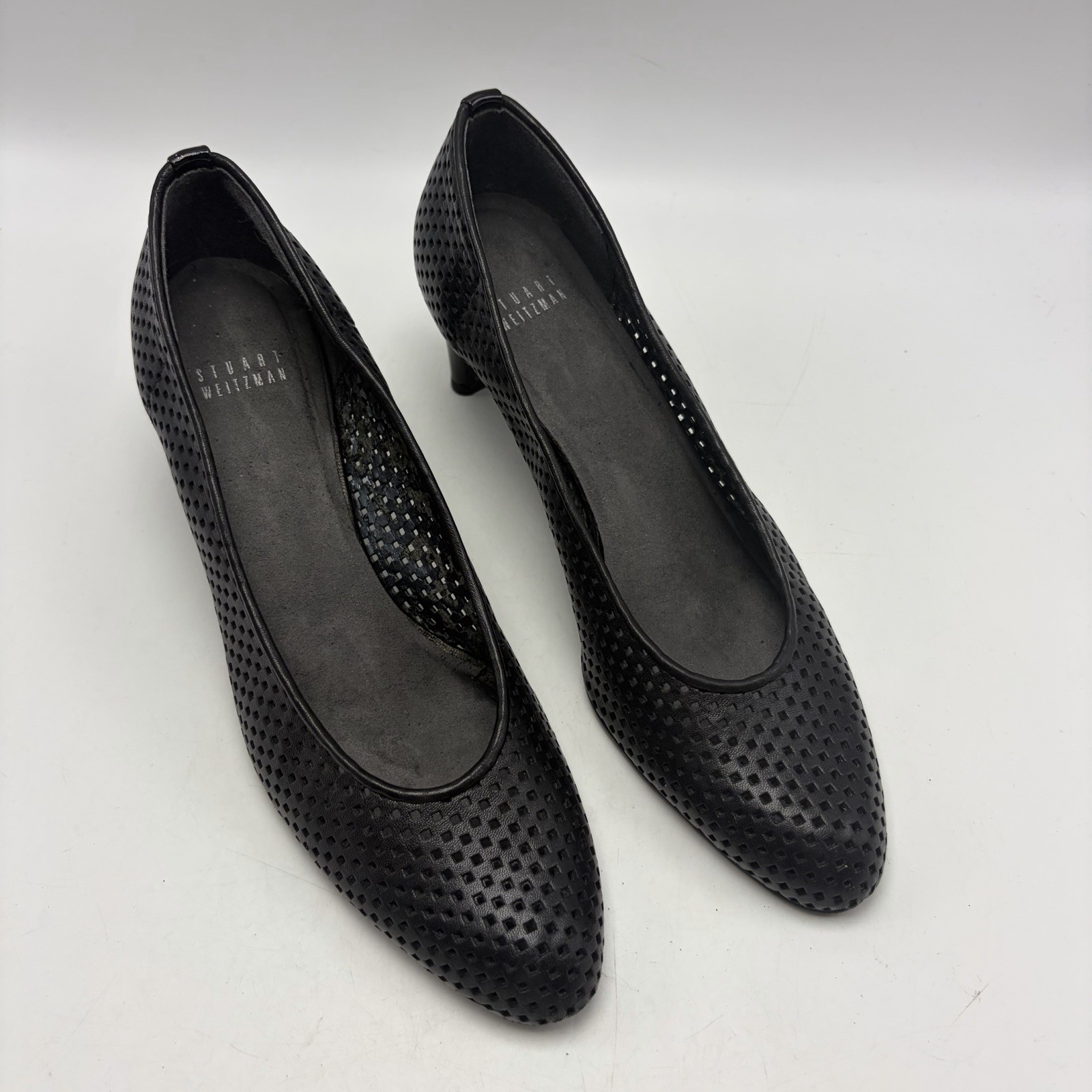 Stuart Weitzman Heels Womens Perforated Black Leather Heels Shoes Read