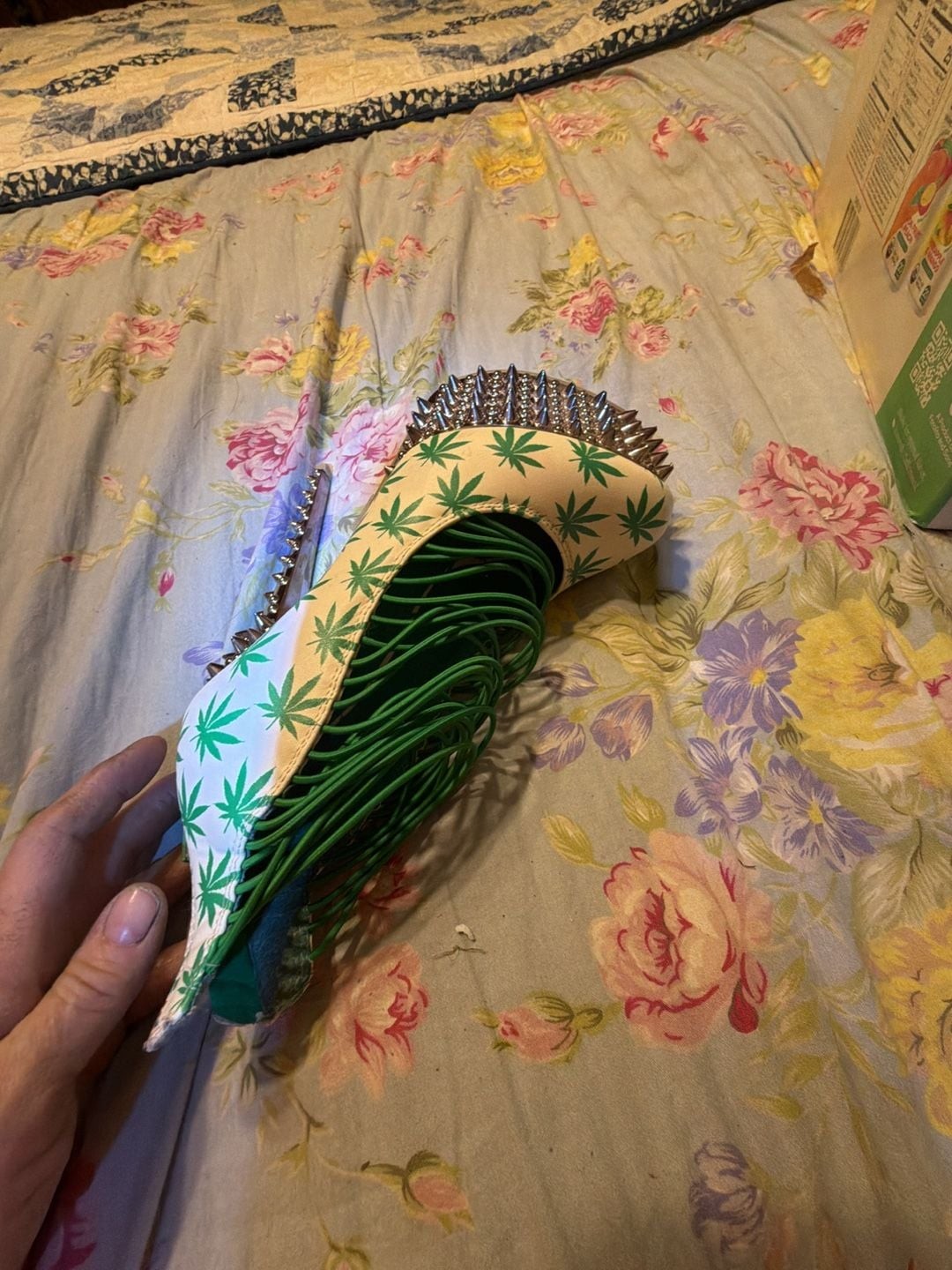 Kush Kouture Stiletto Platform Heels with Green Leaf Print and Spikes