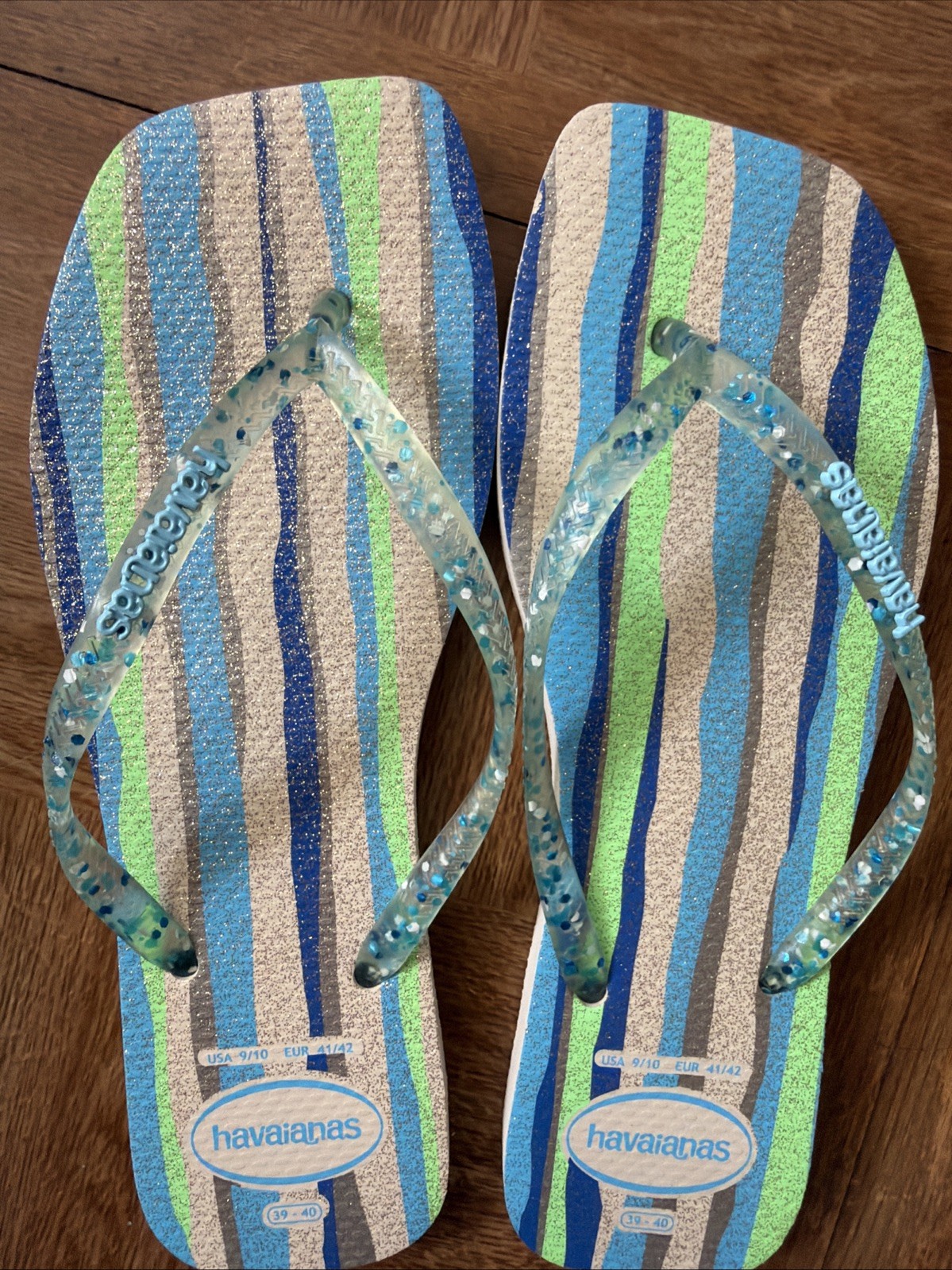 Havaianas Slim Square Folia Flip Flop Blue Stripped Glittery Women’s USA 9/10