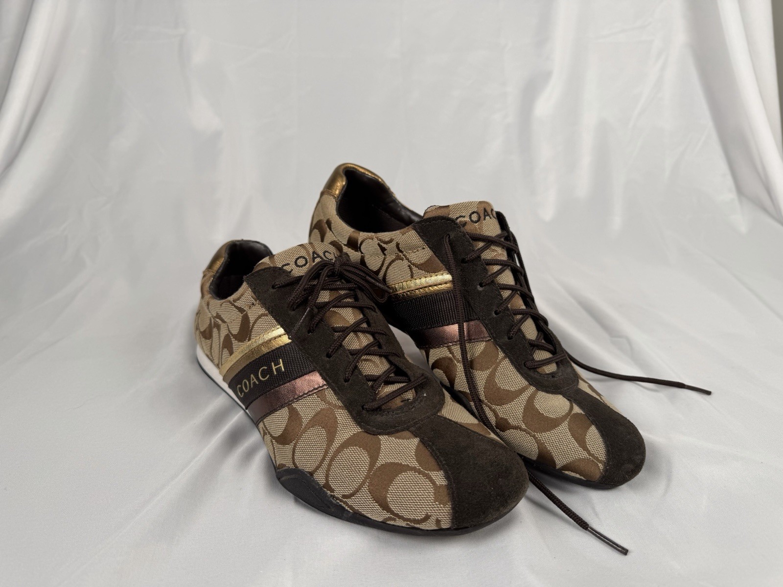 Coach JAYME Brown Gold Signature C Logo Sneakers Shoes Lace Up Womens Size 10M
