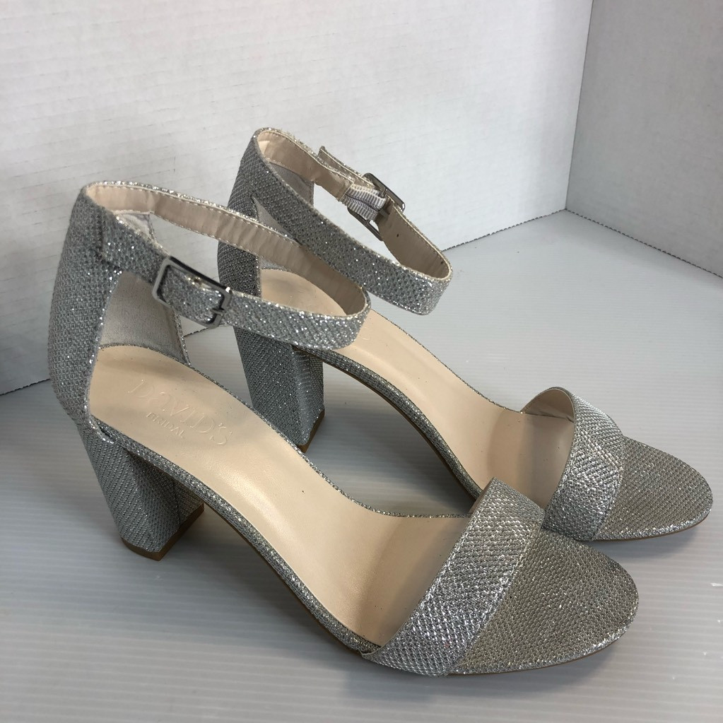 David’s Bridal Womens Arya Ankle Strap Sandals Gray Open Toe Glitter High Heel 8