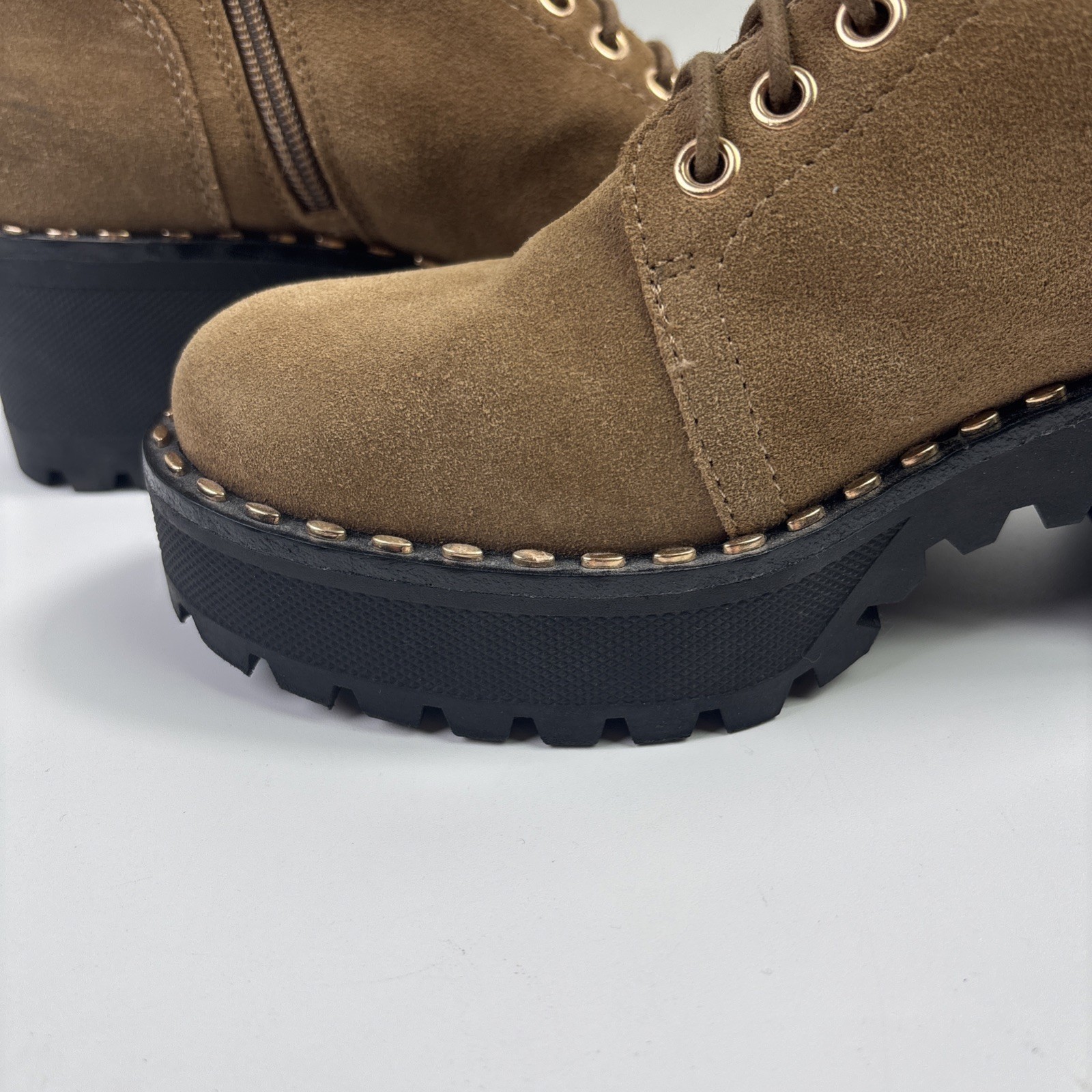 Vince Camuto Mecale Studded Combat Hiking Boot Suede Tan 7.5 M