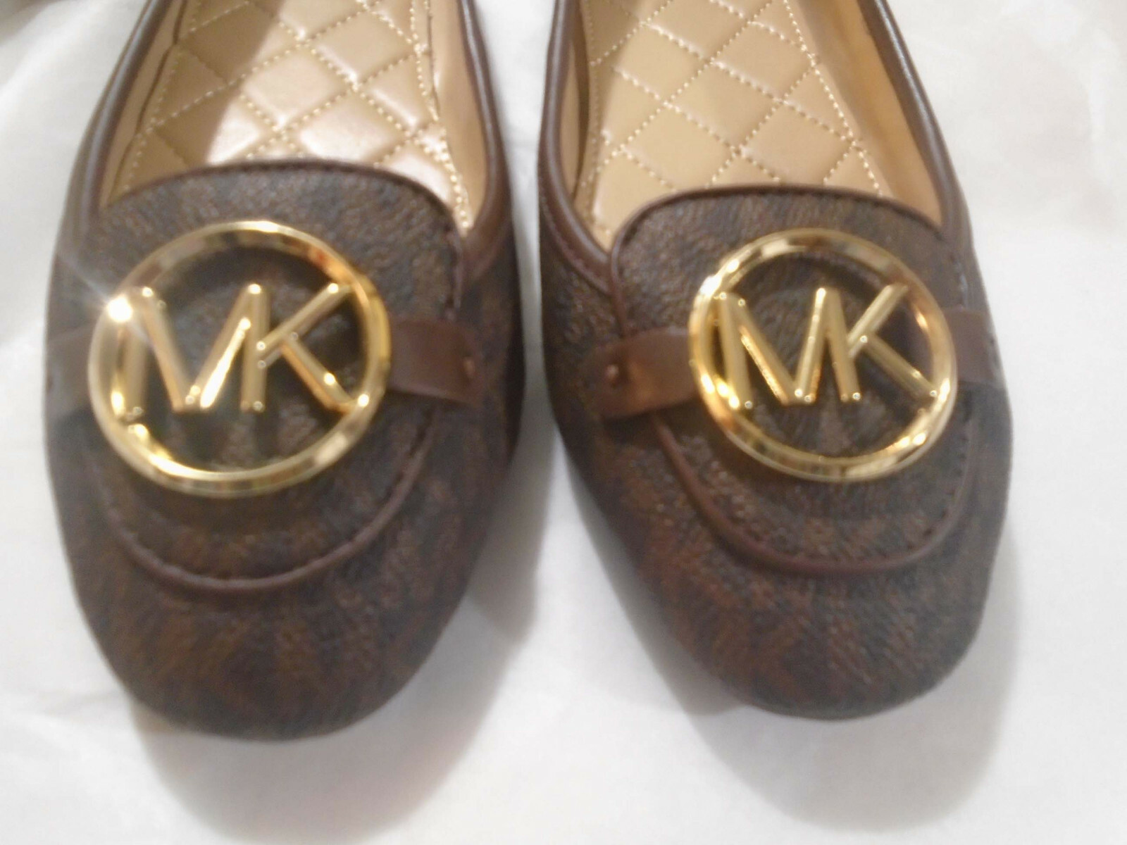 Michael Kors Lillie Brown or White MK Sutton Moc Denim or Gold Leather Flats