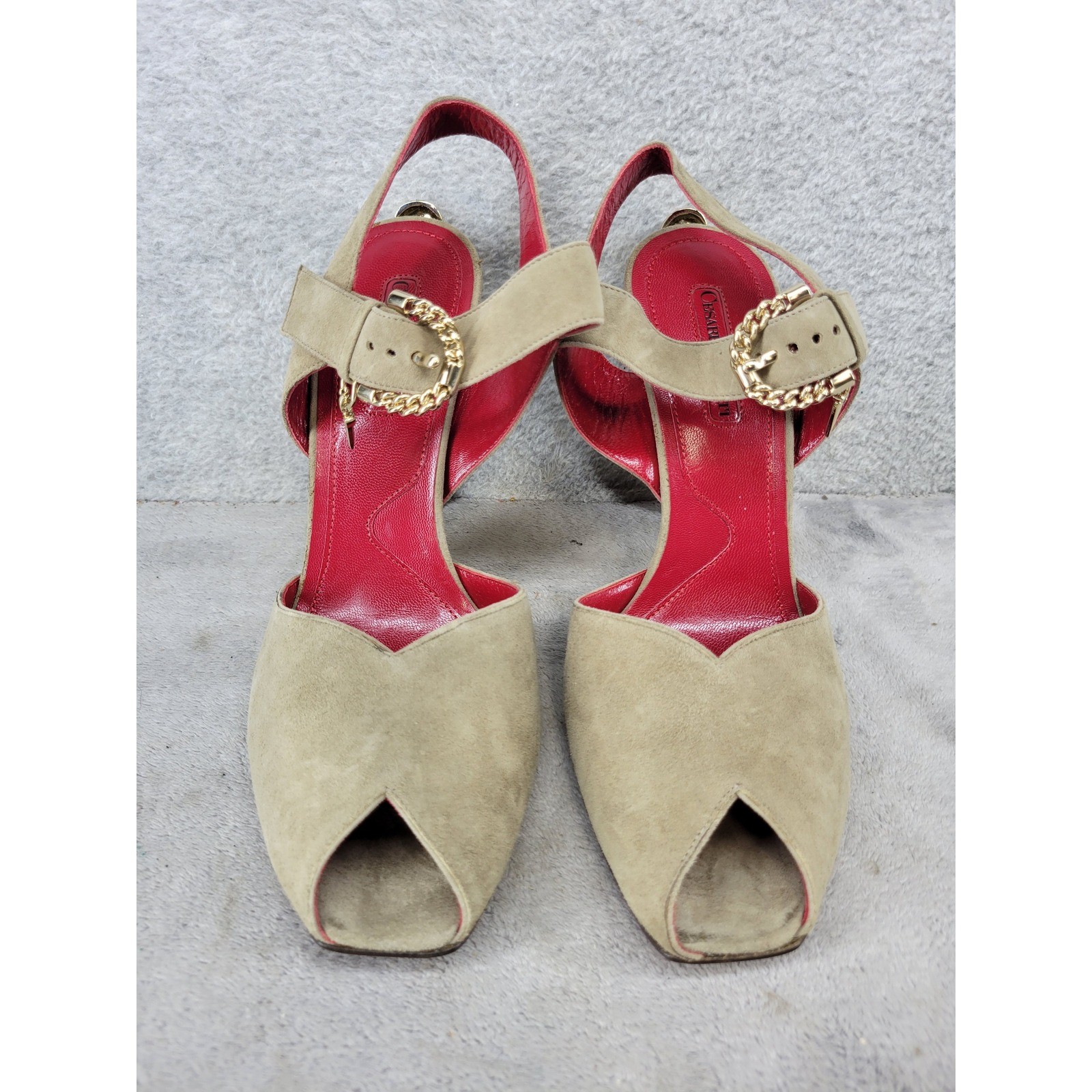 Cesare Paciotti 898610 Tan Suede Gold Chain Heel Peep Toe Slingback 8.5