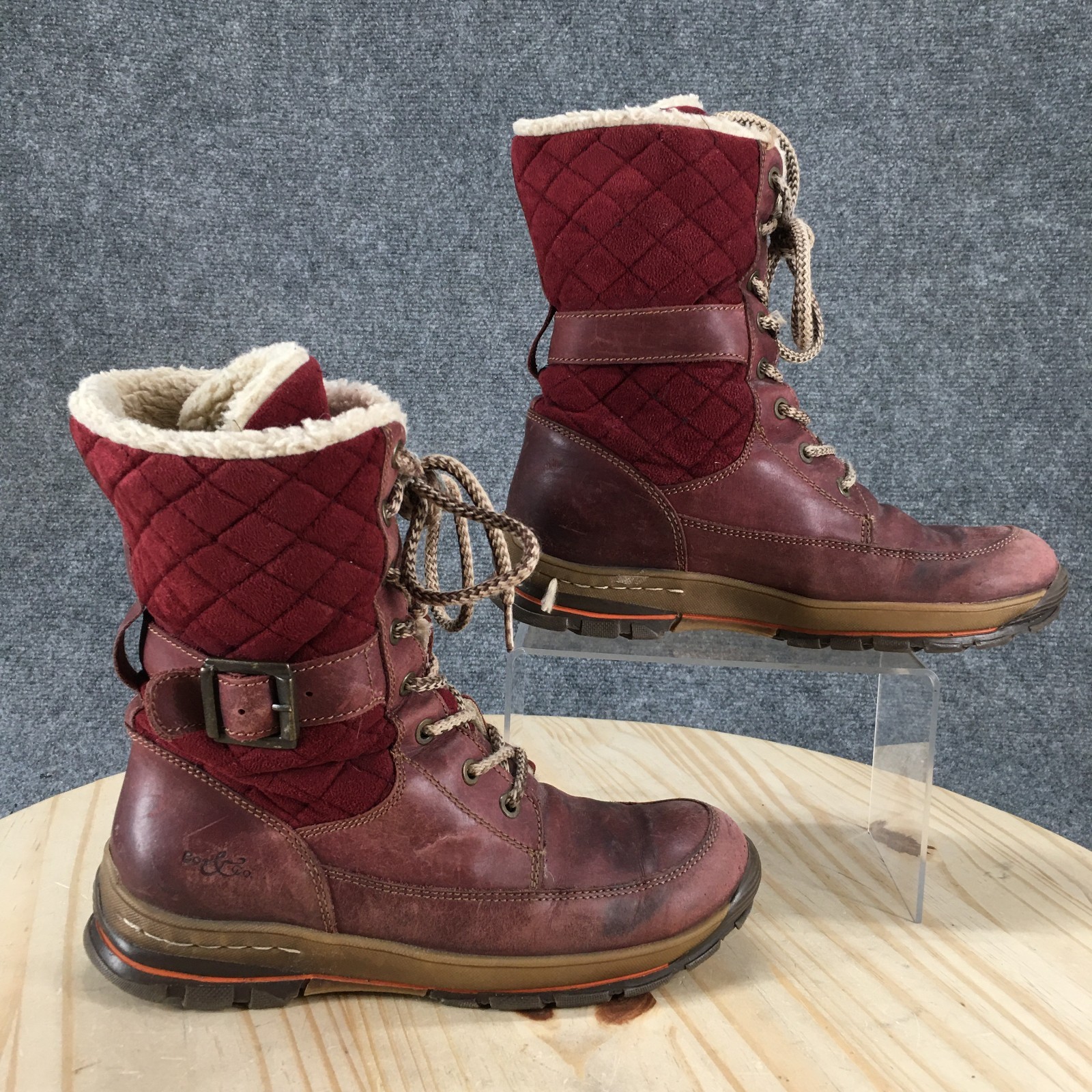 Bo & Co Boots Womens 38 Red Leather Suede Quilted Lace Up Shearling Lined Casual