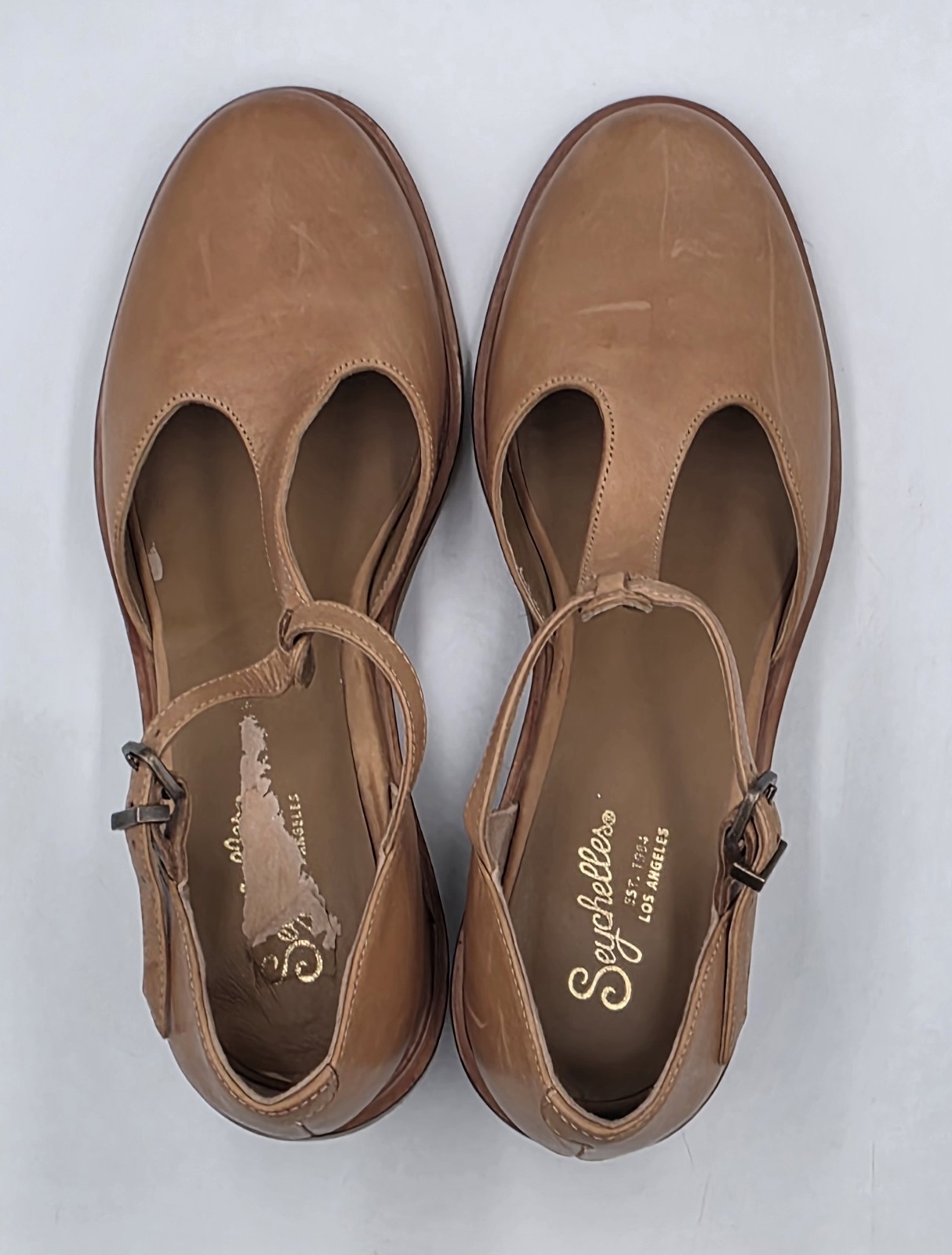 Seychelles Soulmate Size 10 Tan Leather T-Strap Mary Jane Block Heel Pumps 2.5in