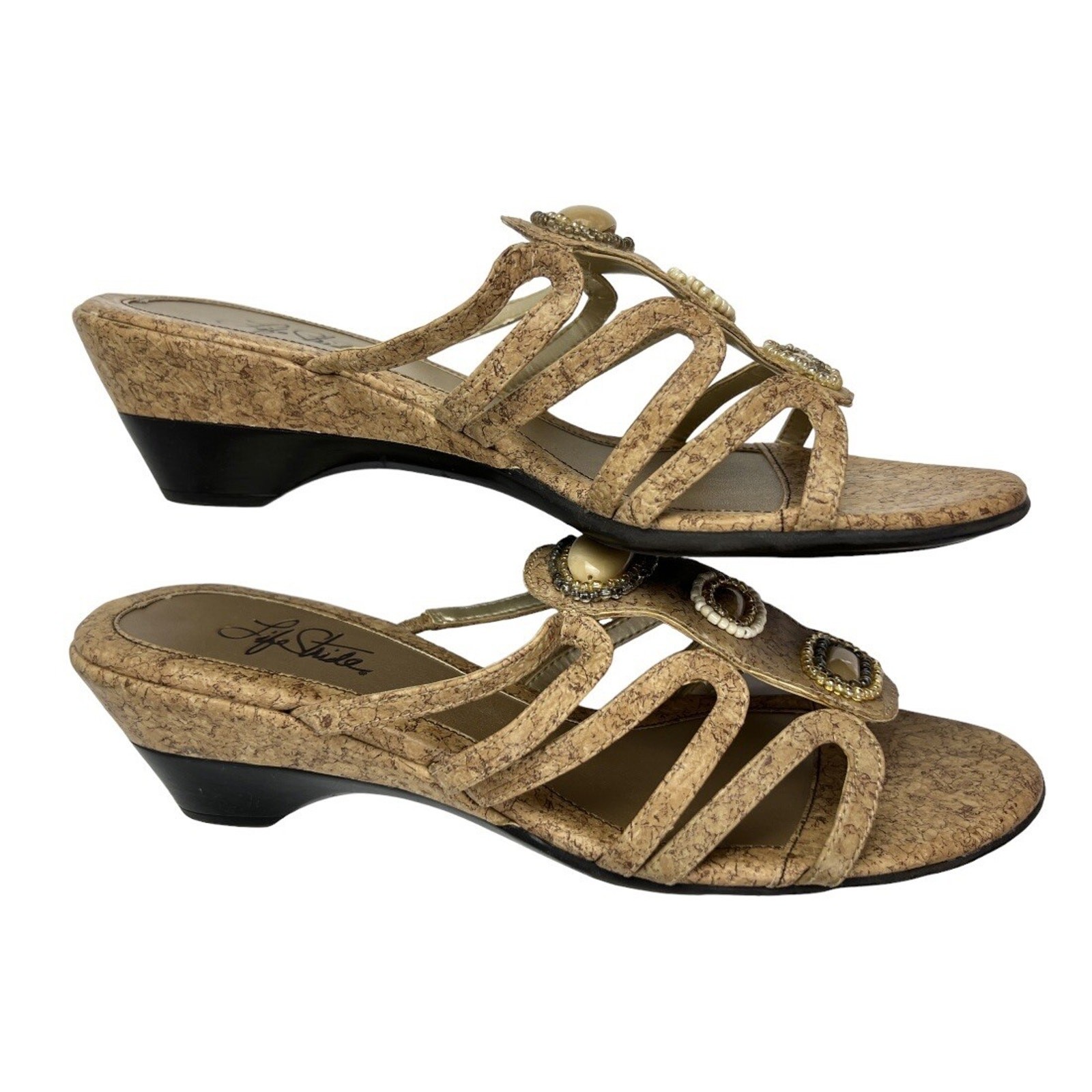 Life Stride Sandals Womens 9.5 Beige Urban Cork Wedge Strappy Slide