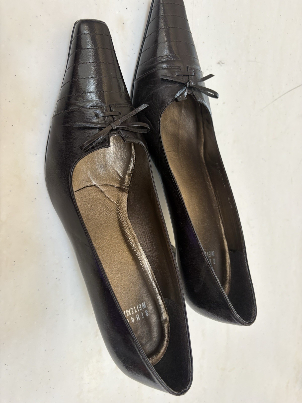 Stuart Weitzman Women’s Black Bow Square Toe Slip On Pump Heels US 8.5