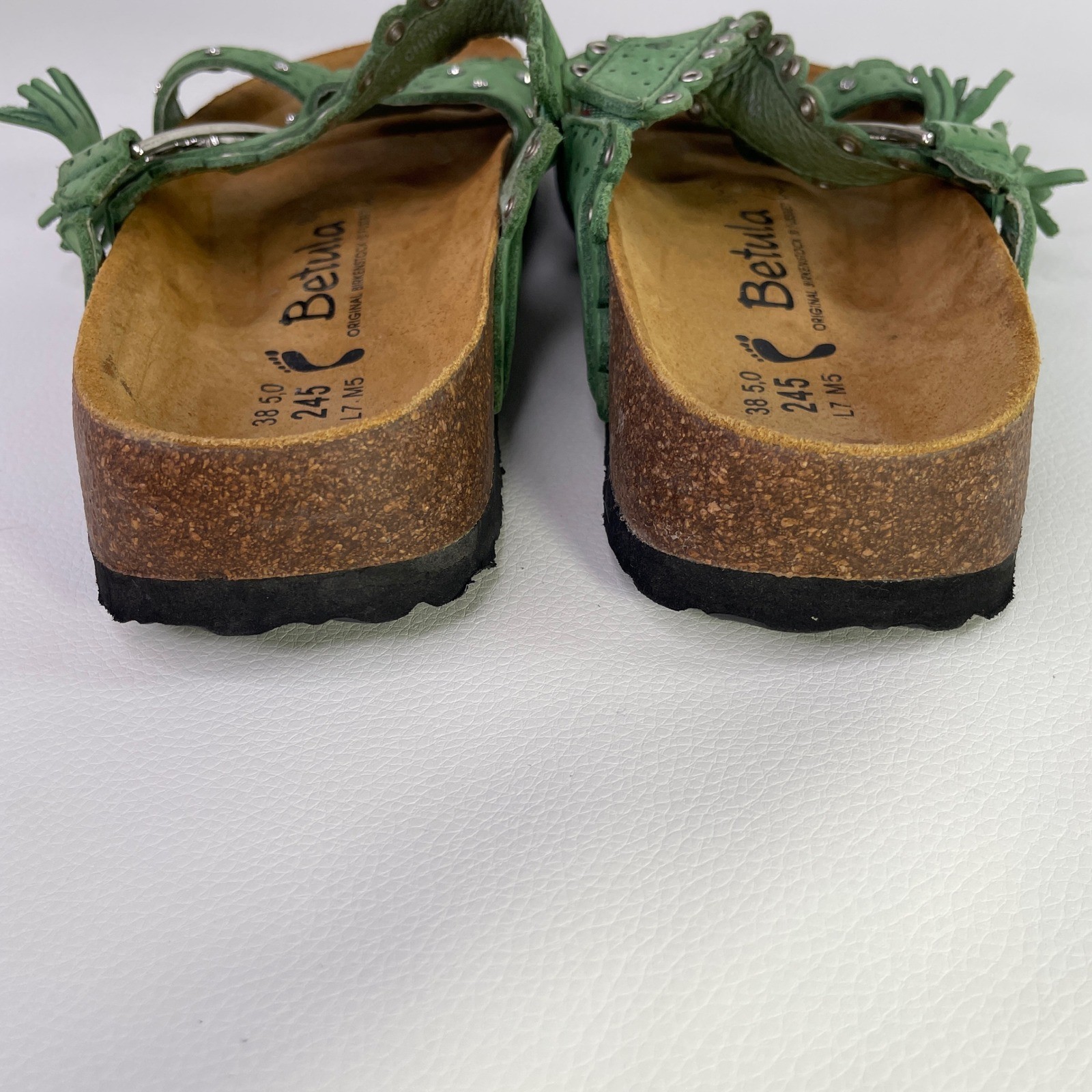 Original Birkenstock Betula Green Leather Rhinestone Tassel Sandals Women 38 L7