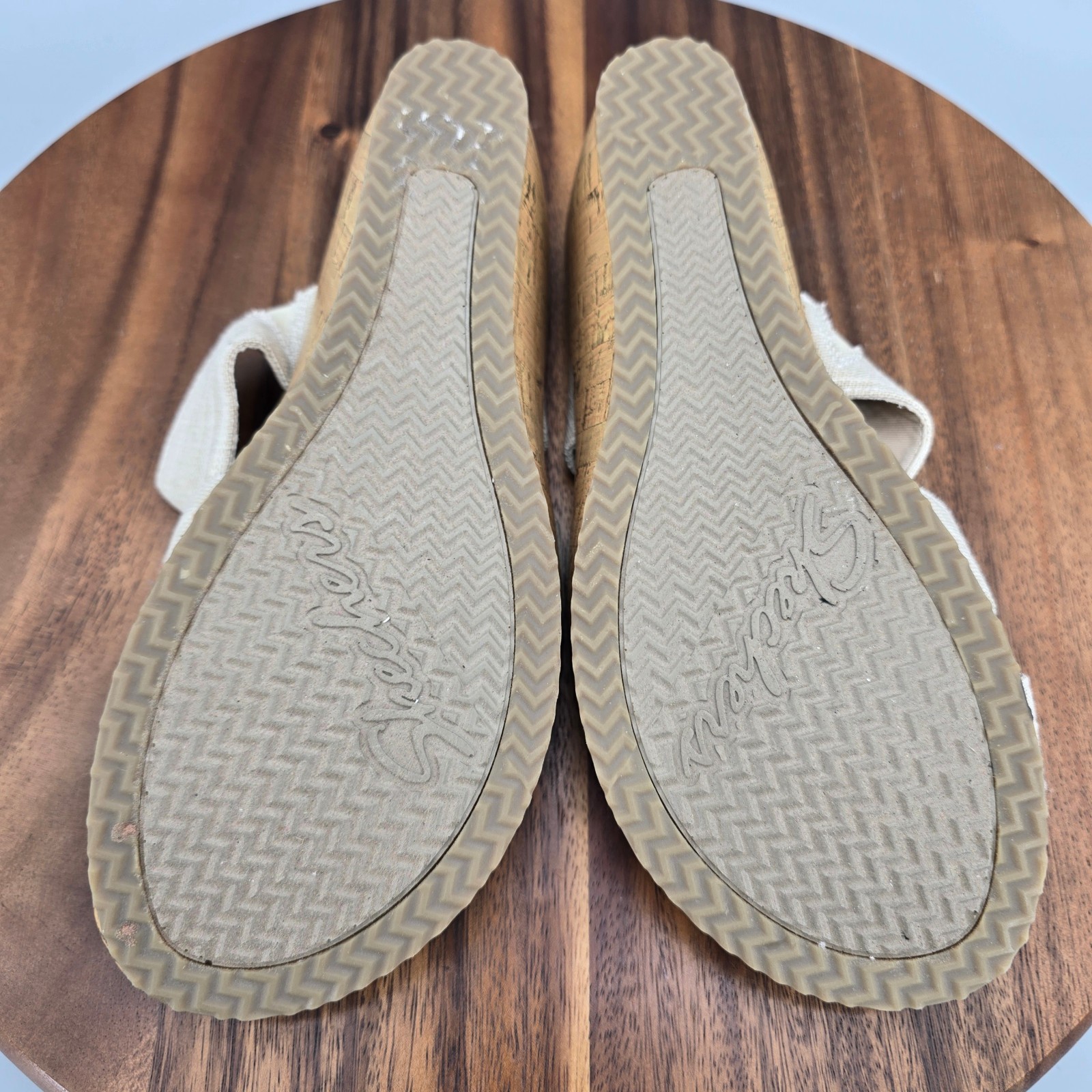 Skechers Sandals Womens 8.5 Natural Beige Beverlee Cross Strap Comfort Wedge