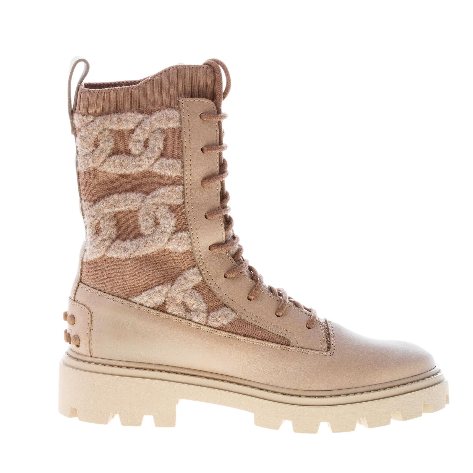 TOD’S women shoes Kate laced combat boot natural leather elasticized knit fabric