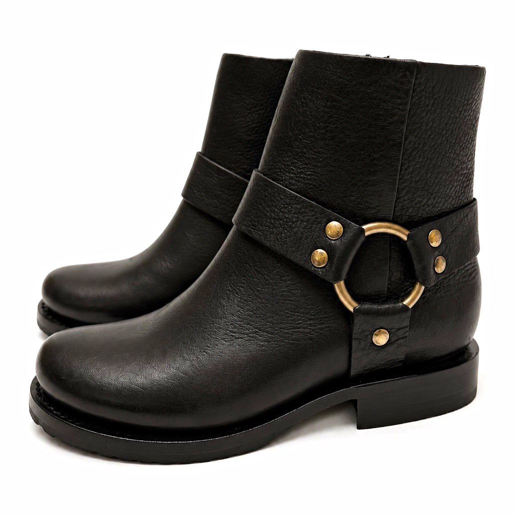 FRYE FR40081 Women’s Black Leather Ankle Bootie Side Zip Harness Ring 8.5B