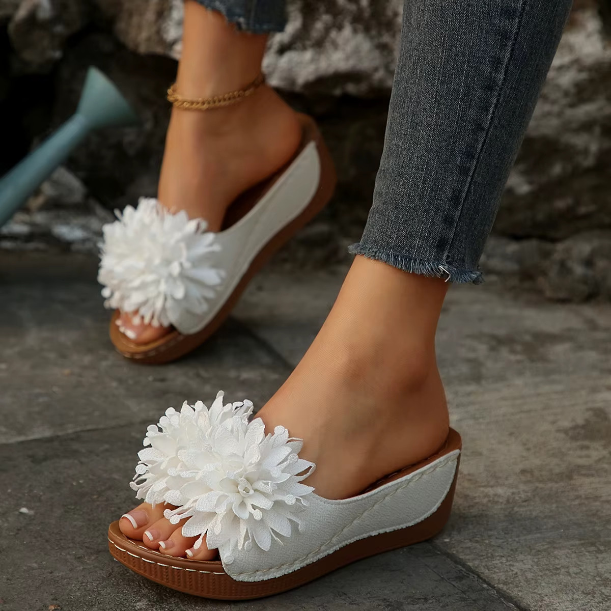 Women’s Flower Wedge Sandals Open Toe Slip-On Summer Platform Slides Casual